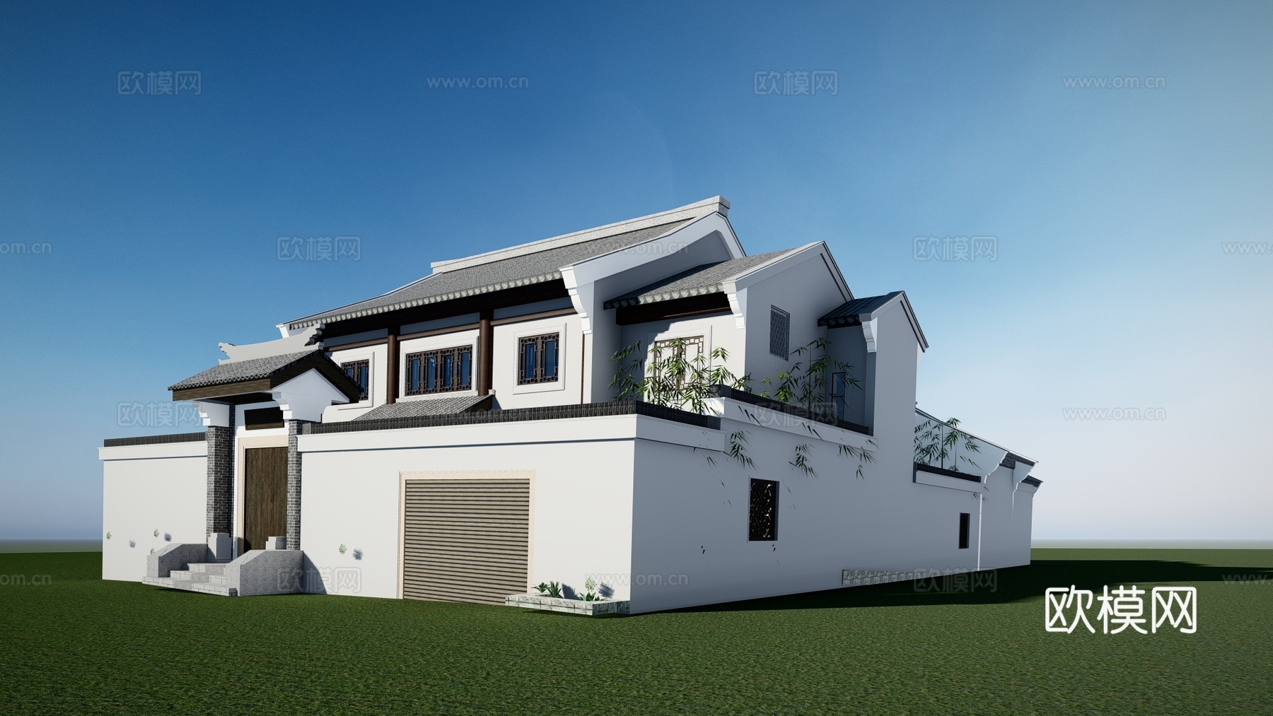 新中式古建别墅外观su模型下载