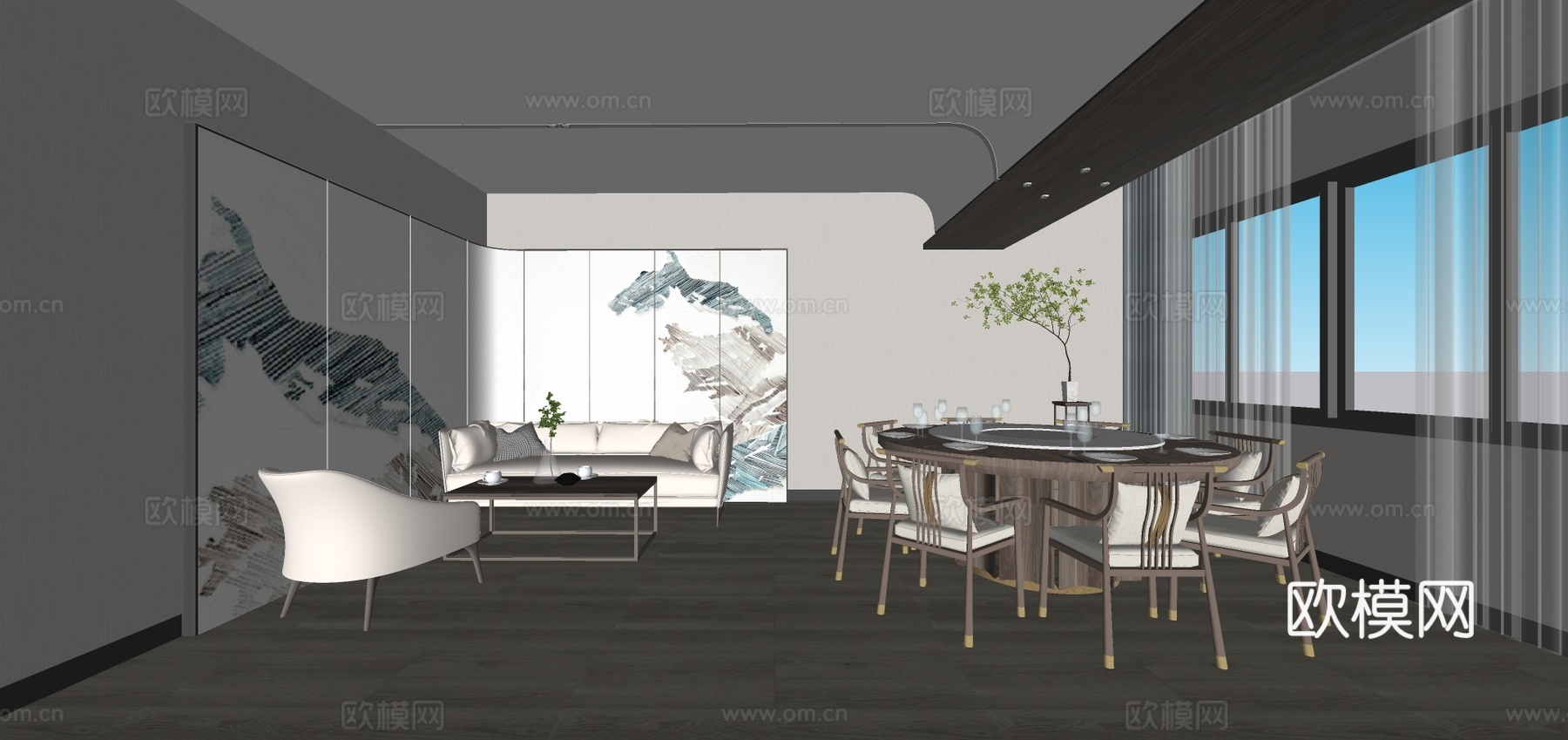 新中式餐厅包房su模型下载