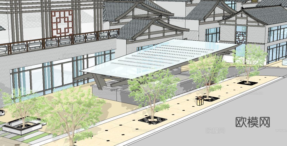 新中式沿街商业建筑su模型下载