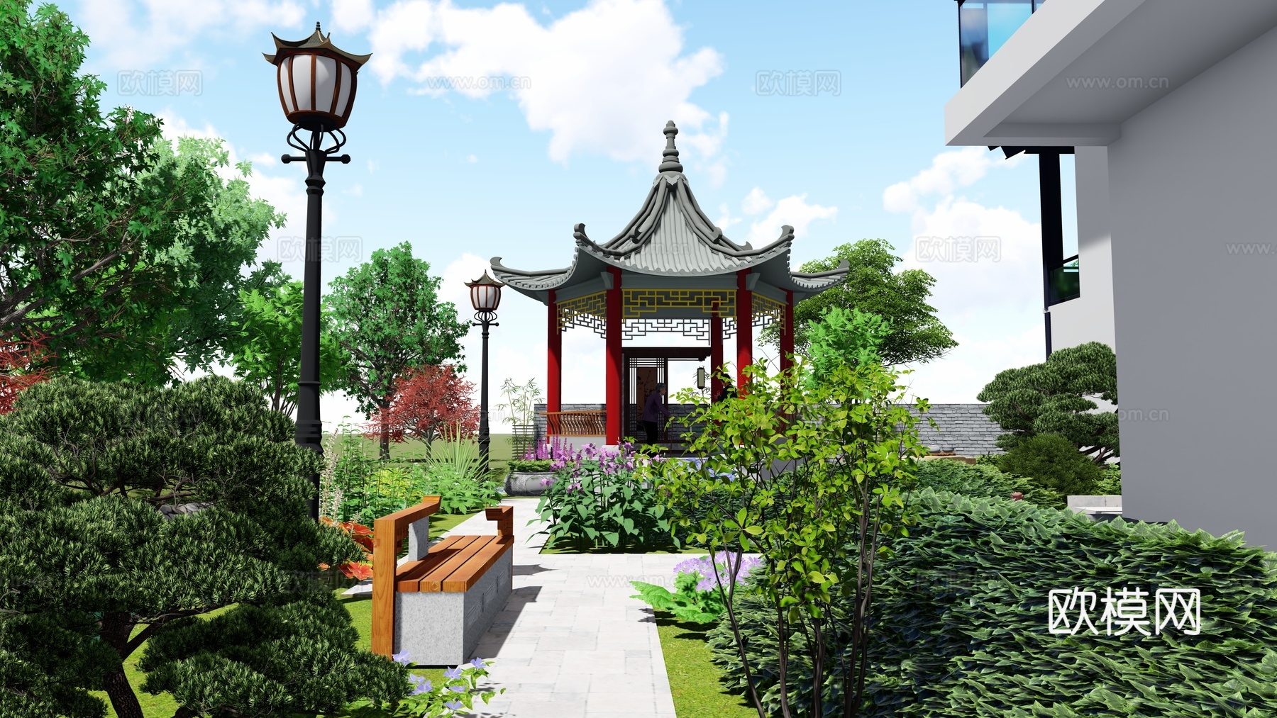 中式乡村庭院 花园 亭子su模型下载