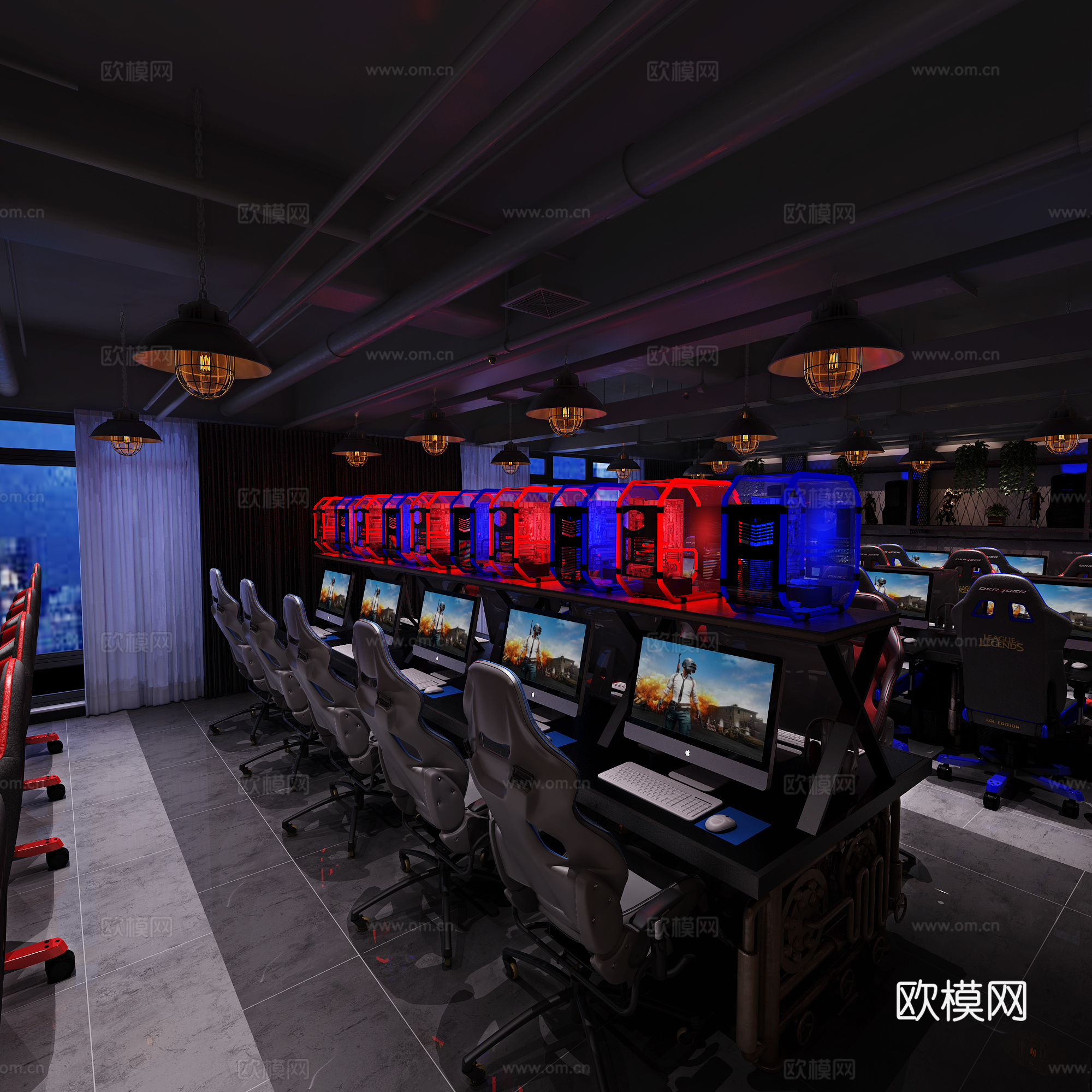 工业风网咖游戏区 水冷主机 雷蛇电脑3d模型