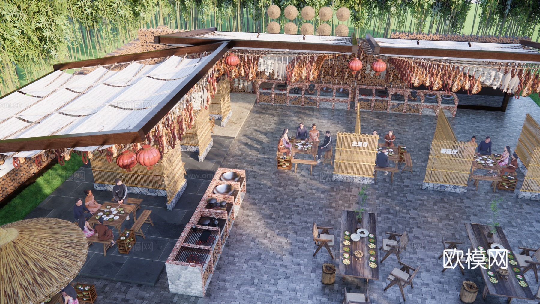 现代乡村美食街 火锅庭院 网红餐厅农家乐su模型下载