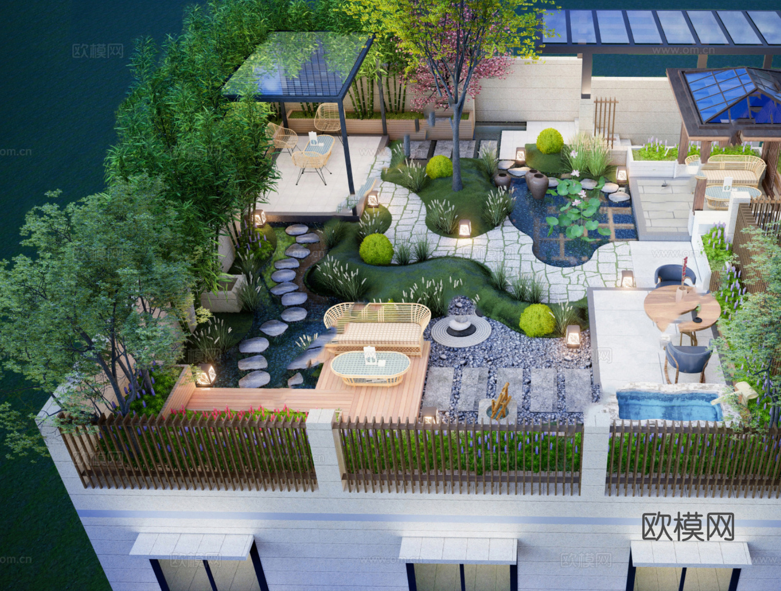 现代屋顶花园su模型下载