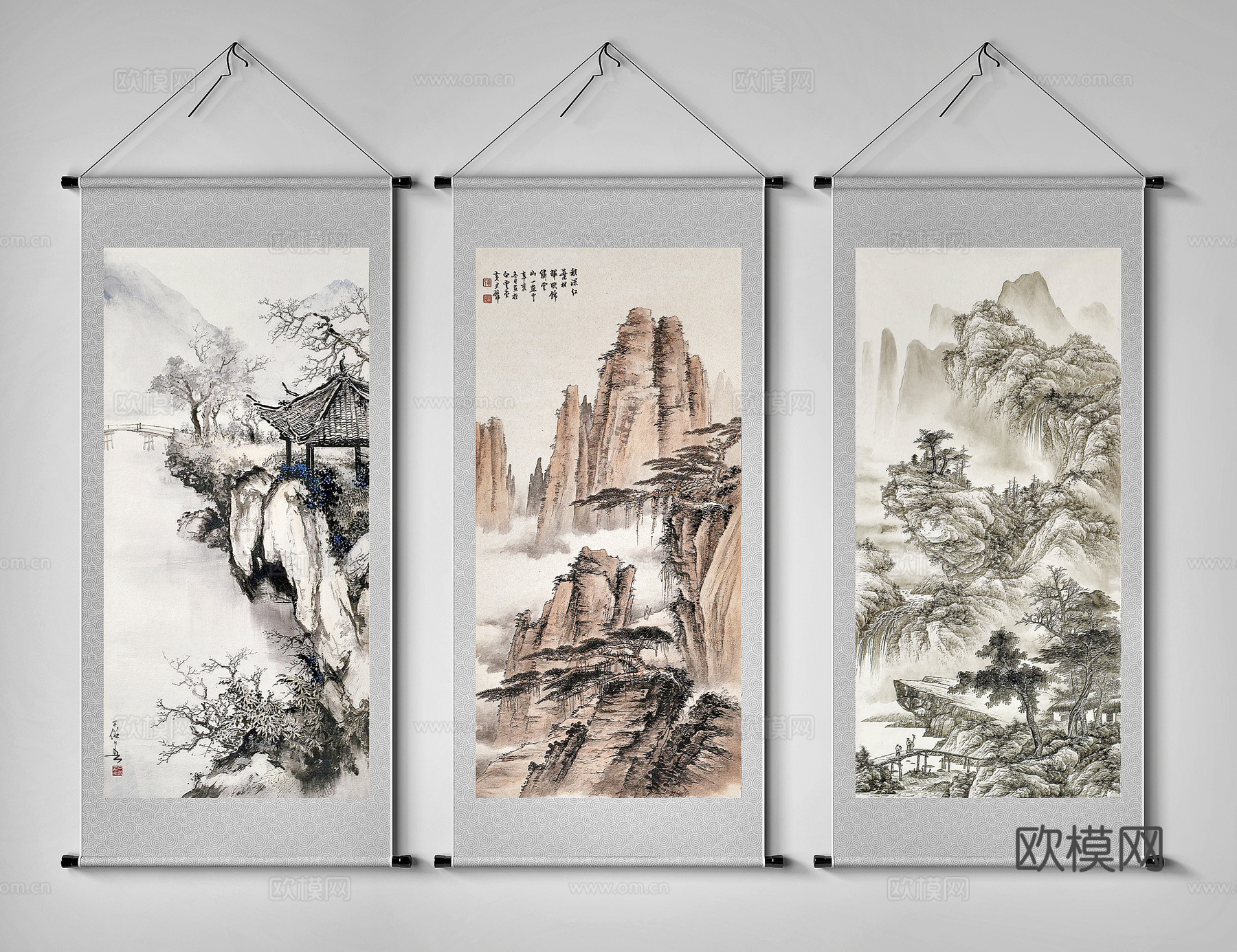 新中式卷轴水墨装饰画su模型下载