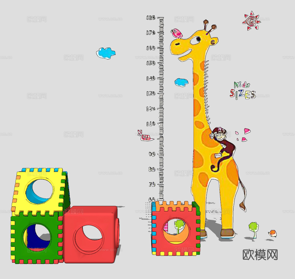 现代儿童墙贴 长颈鹿身高标尺su模型下载