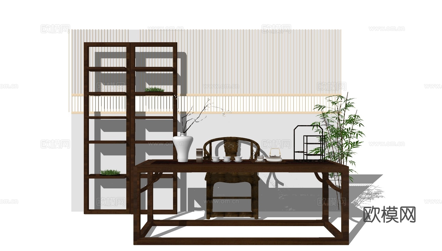 新中式茶桌椅su模型下载