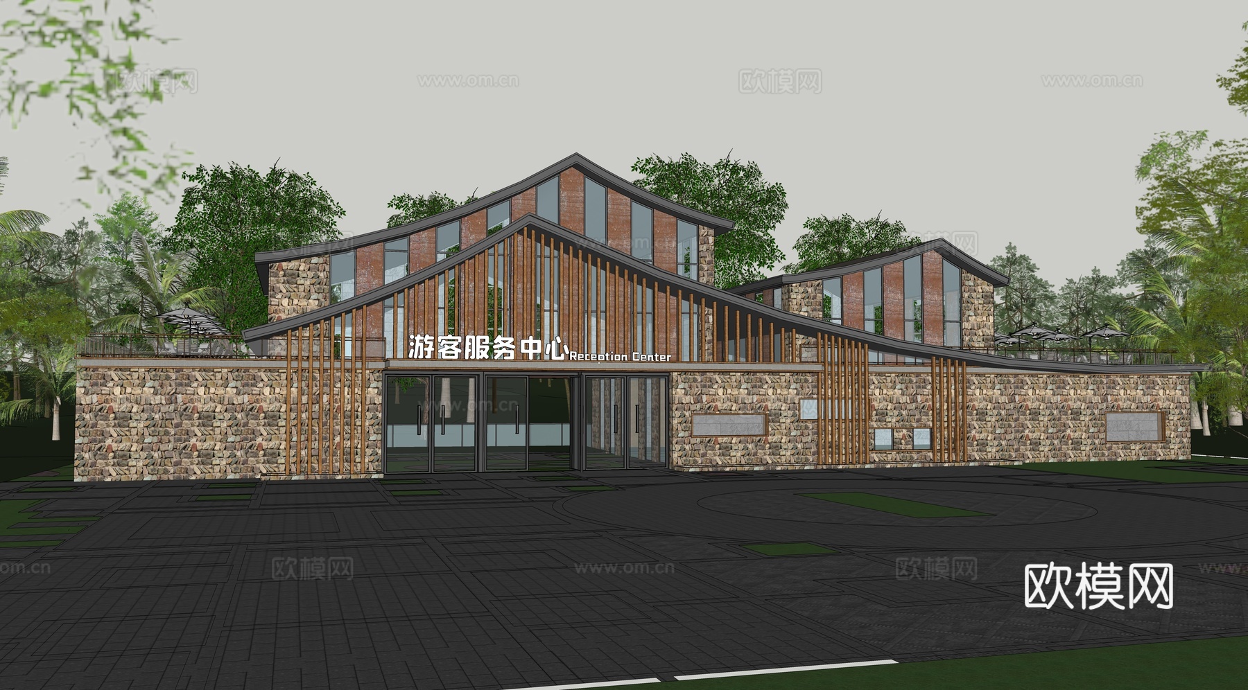 新中式游客中心建筑外观su模型下载