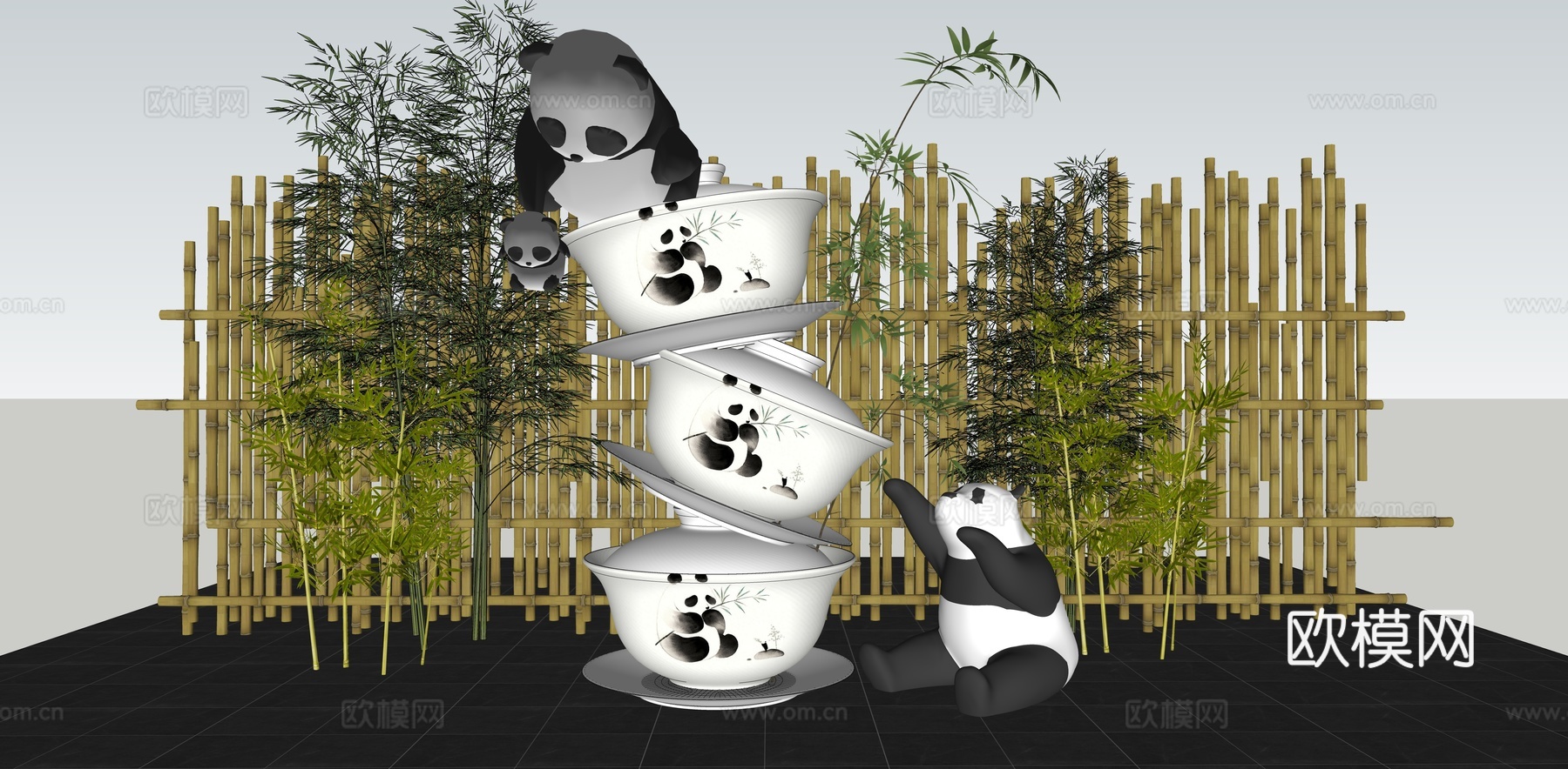 现代熊猫美陈雕塑 盖碗茶美陈 四川熊猫景观雕塑 熊猫茶馆美陈su模型