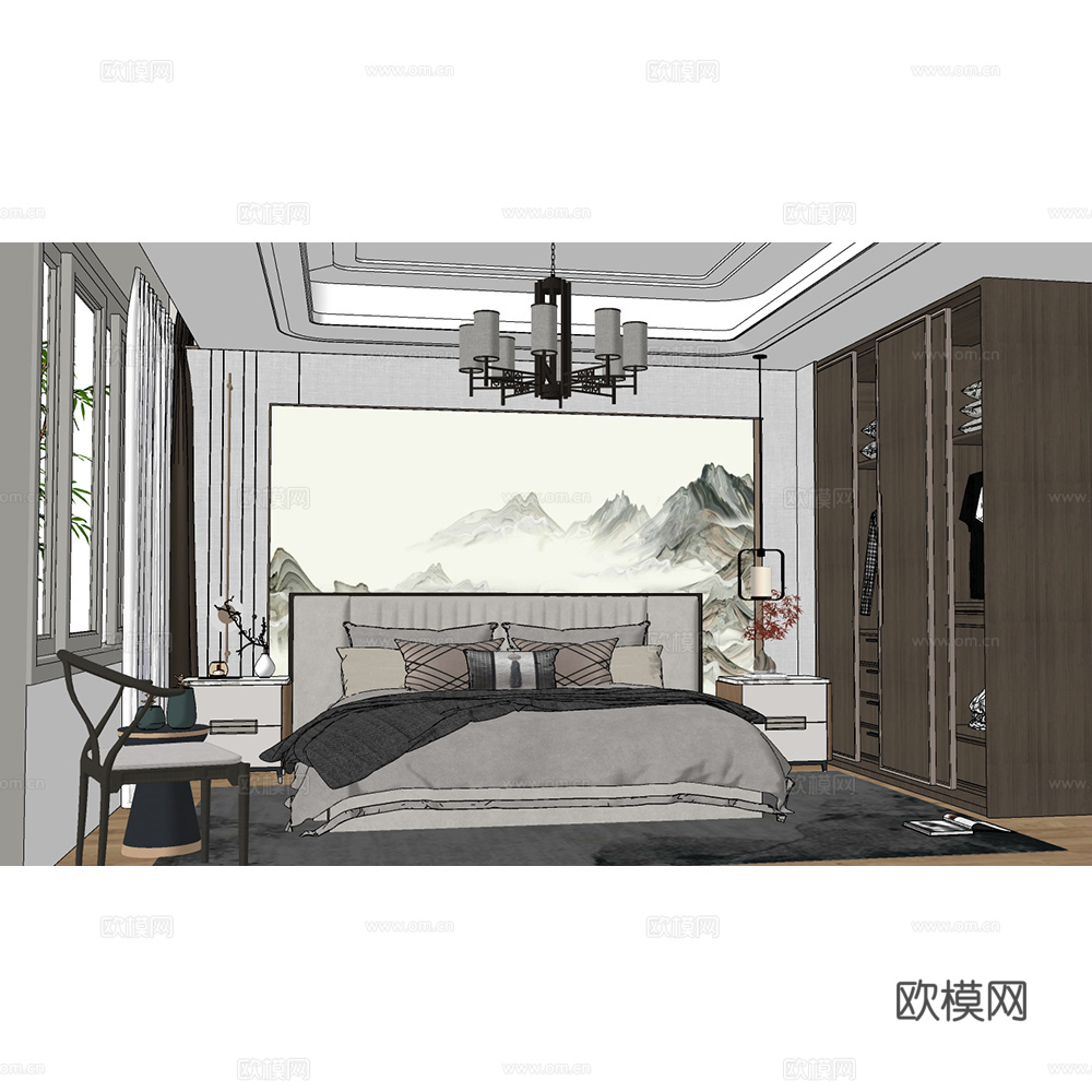 新中式卧室su模型下载