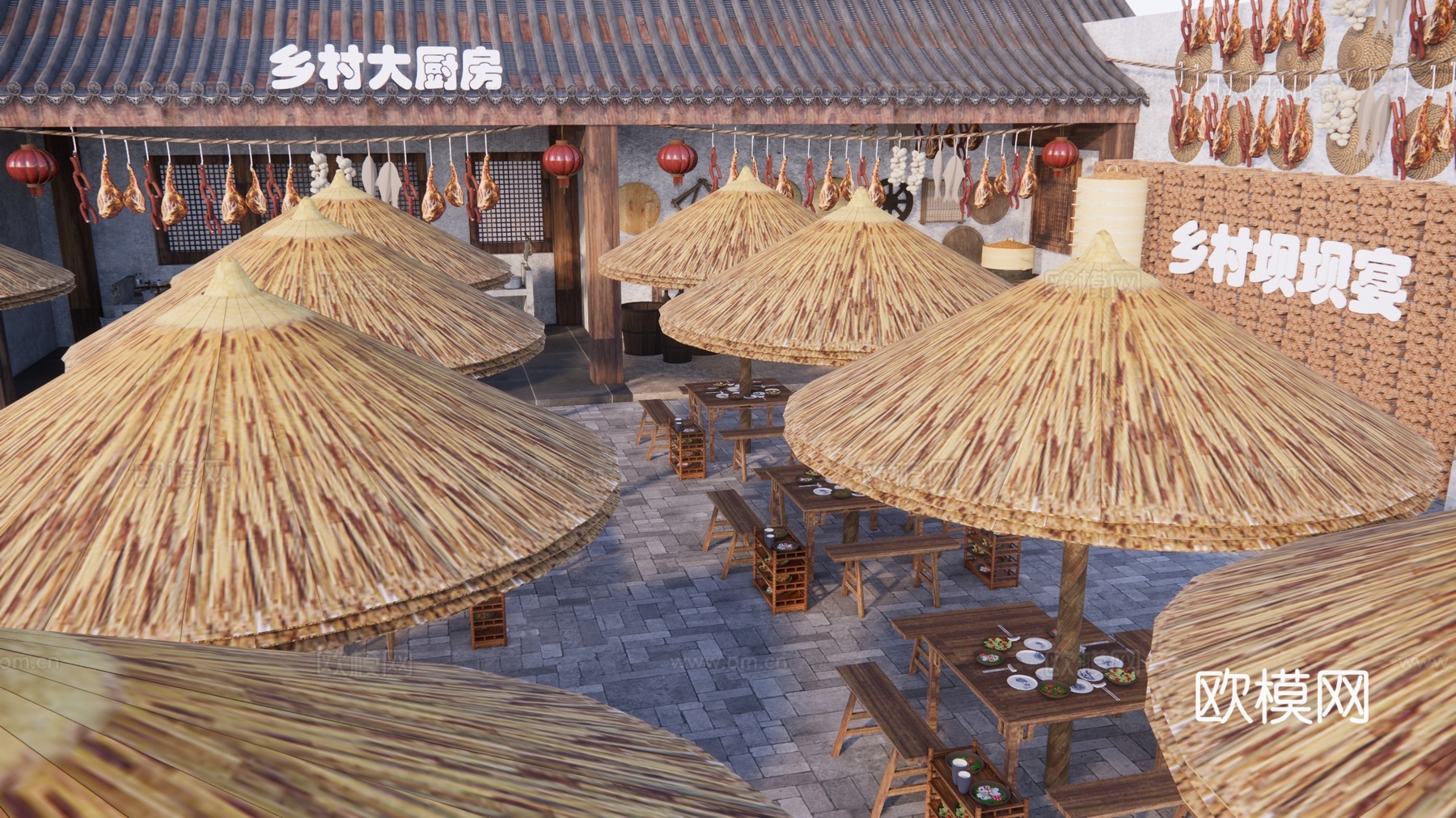 新中式乡村坝坝宴 农村大厨房 农村宴席场景su模型下载