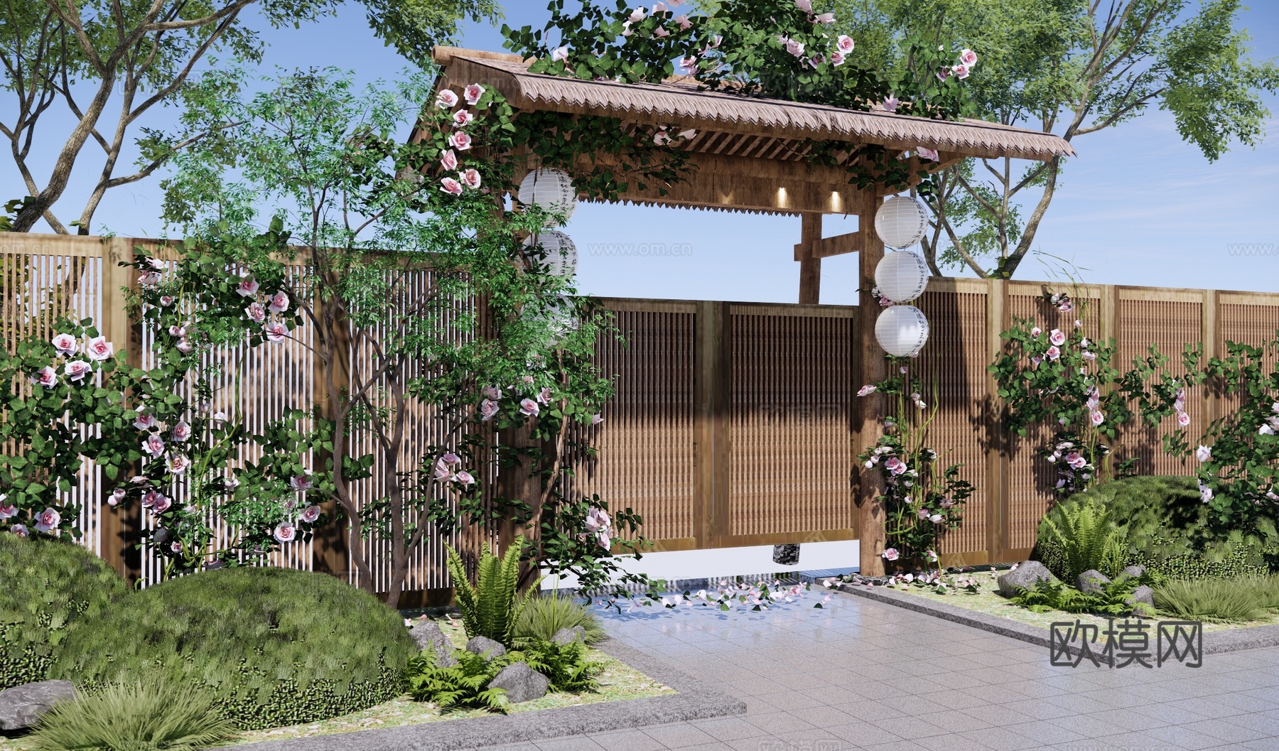中式乡村庭院门 玫瑰蔷薇藤蔓 爬藤植物 民宿小院门 院门围墙su模型