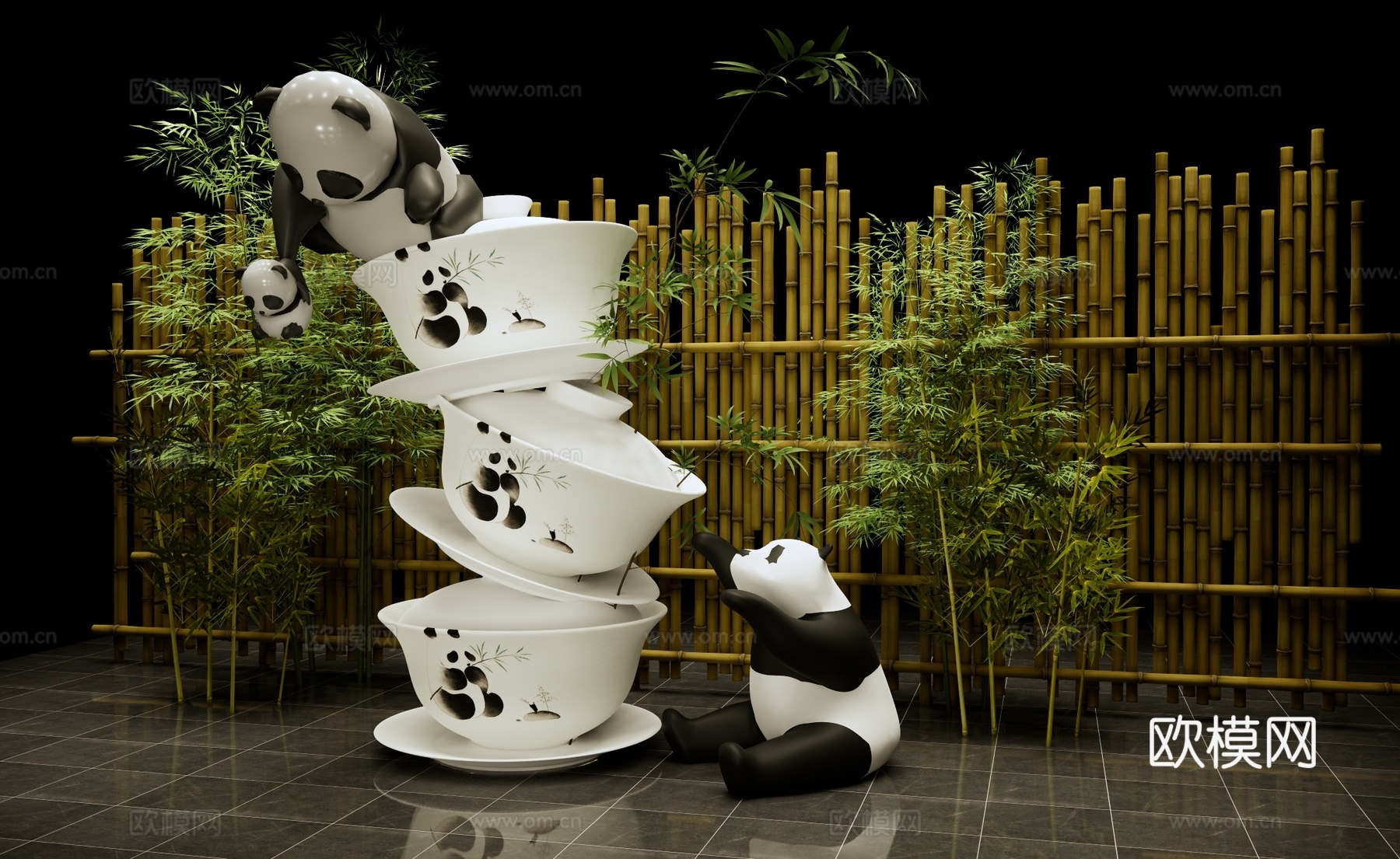 现代熊猫美陈雕塑 盖碗茶美陈 四川熊猫景观雕塑 熊猫茶馆美陈su模型