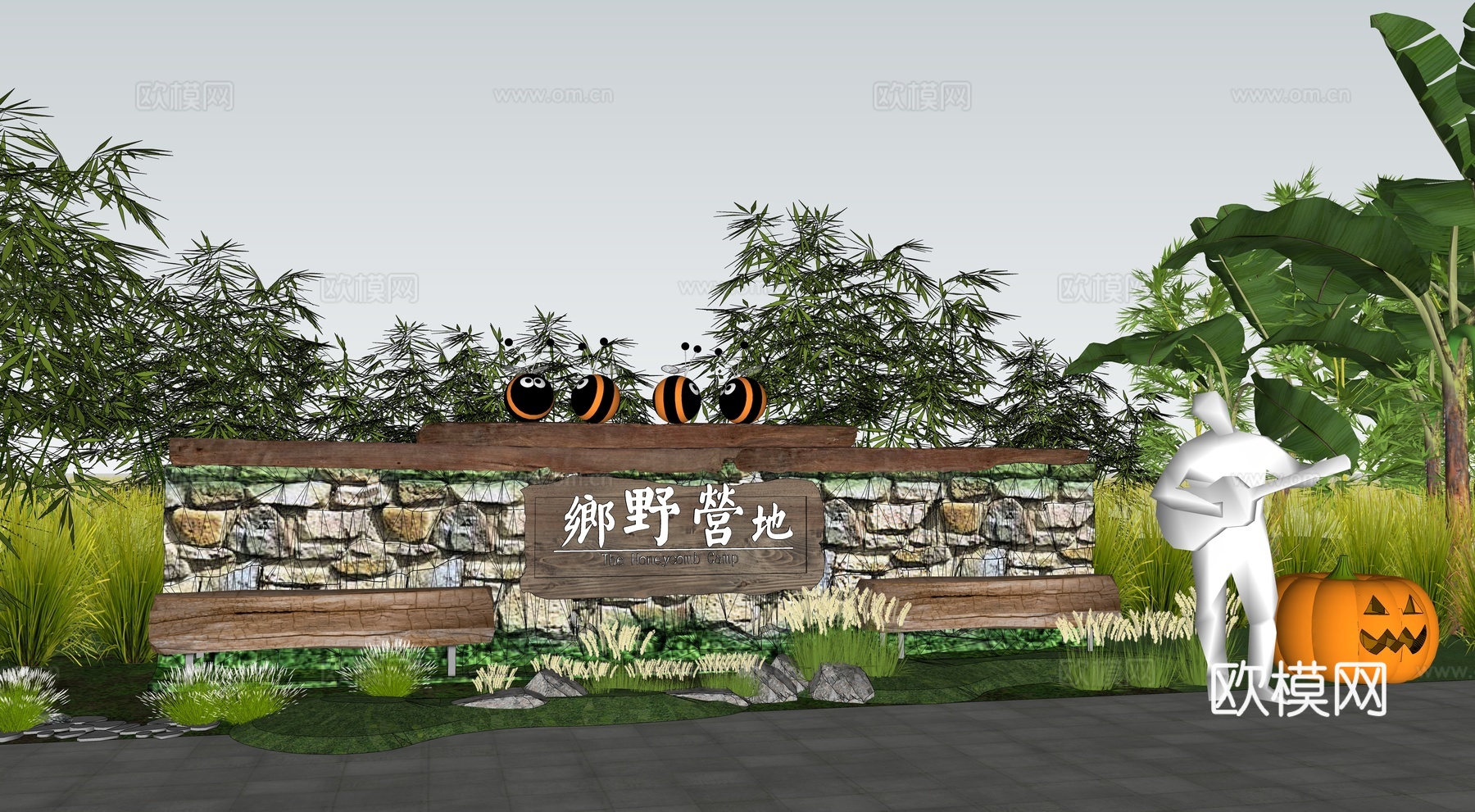 现代村庄入口景墙 石笼文化景墙su模型下载