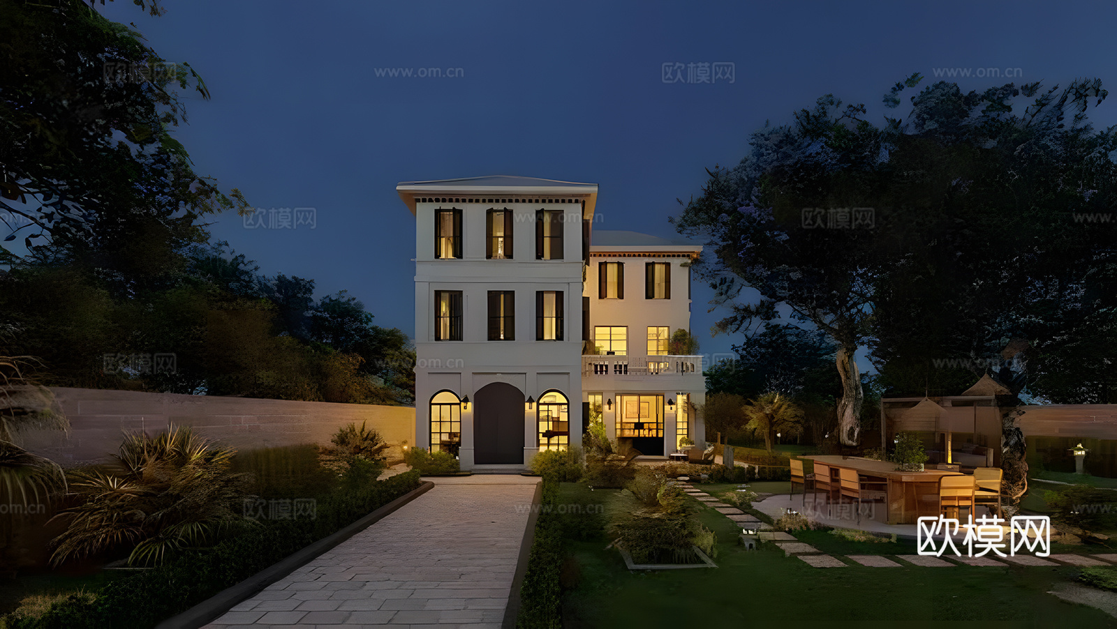 简欧独栋别墅外观夜景su模型下载