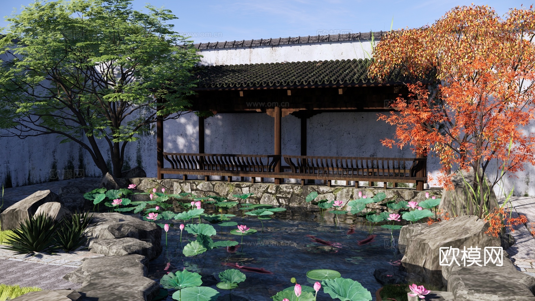 中式庭院花园 假山水景 荷花池 中式廊亭 游廊水院 水池廊架su模型
