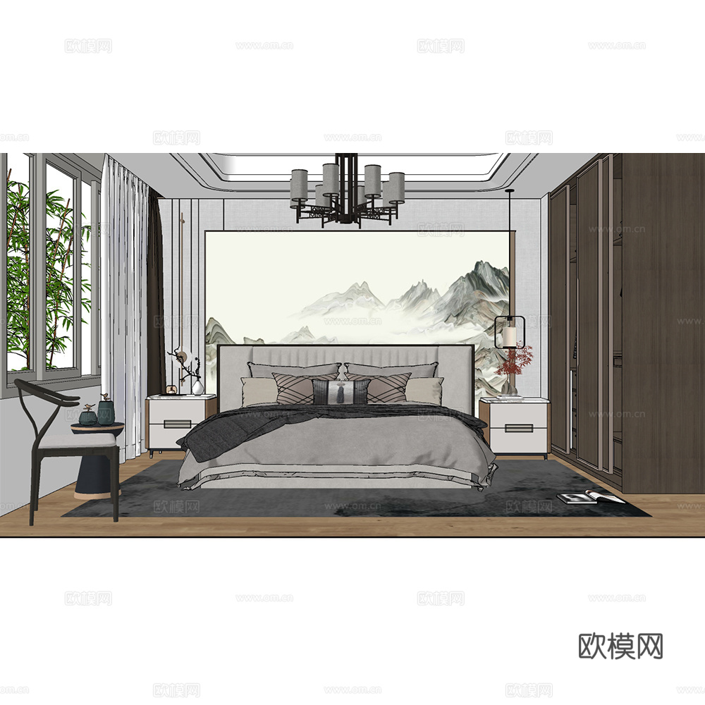 新中式卧室su模型下载