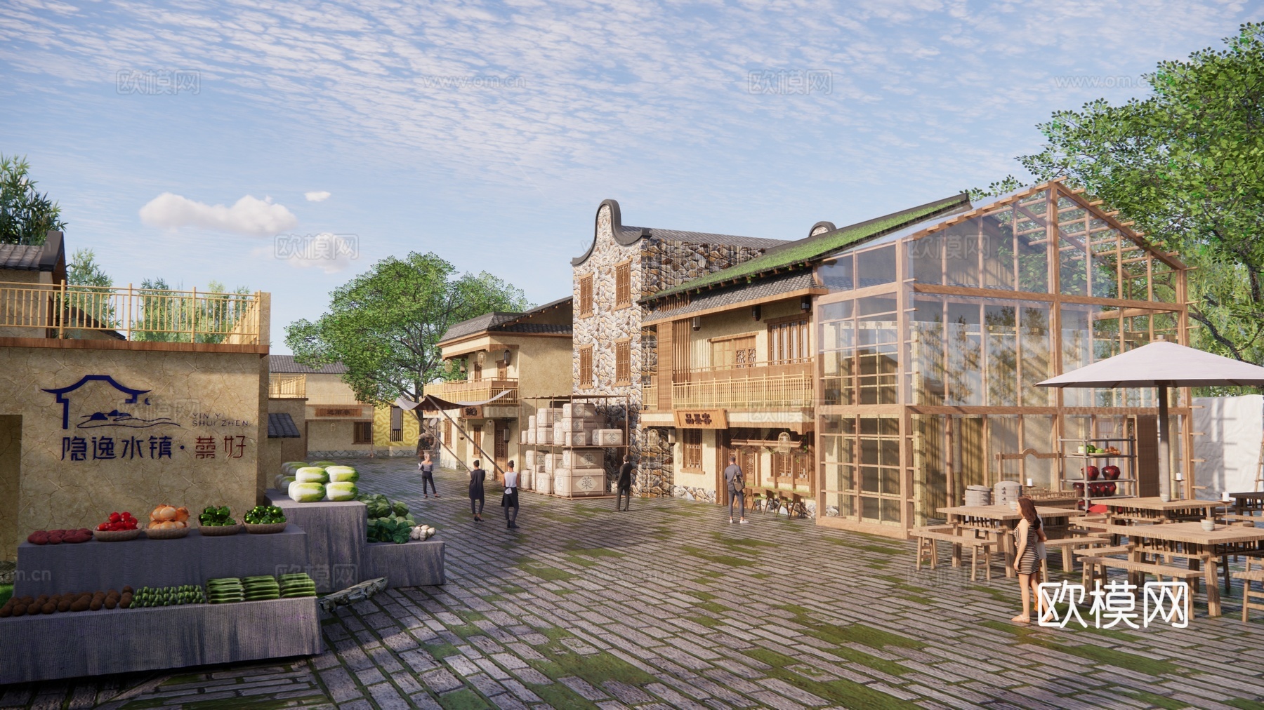 新中式小镇商业街 风貌改造 民宿建筑 餐饮建筑su模型下载