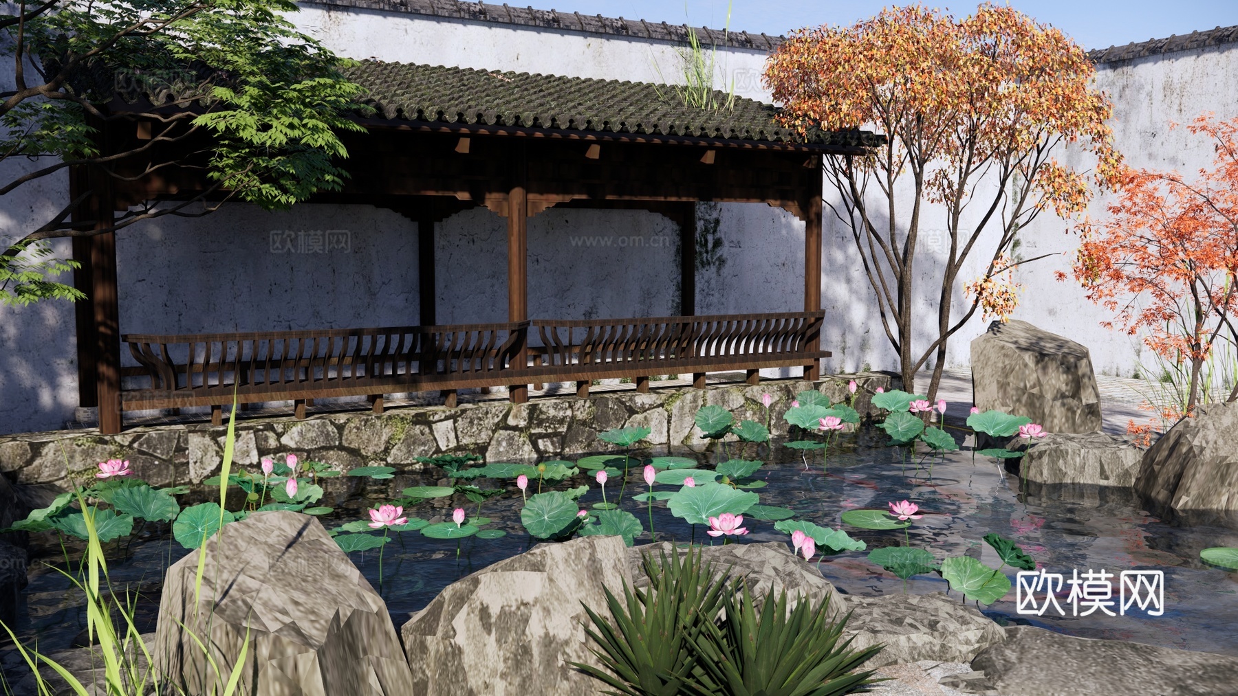 中式庭院花园 假山水景 荷花池 中式廊亭 游廊水院 水池廊架su模型