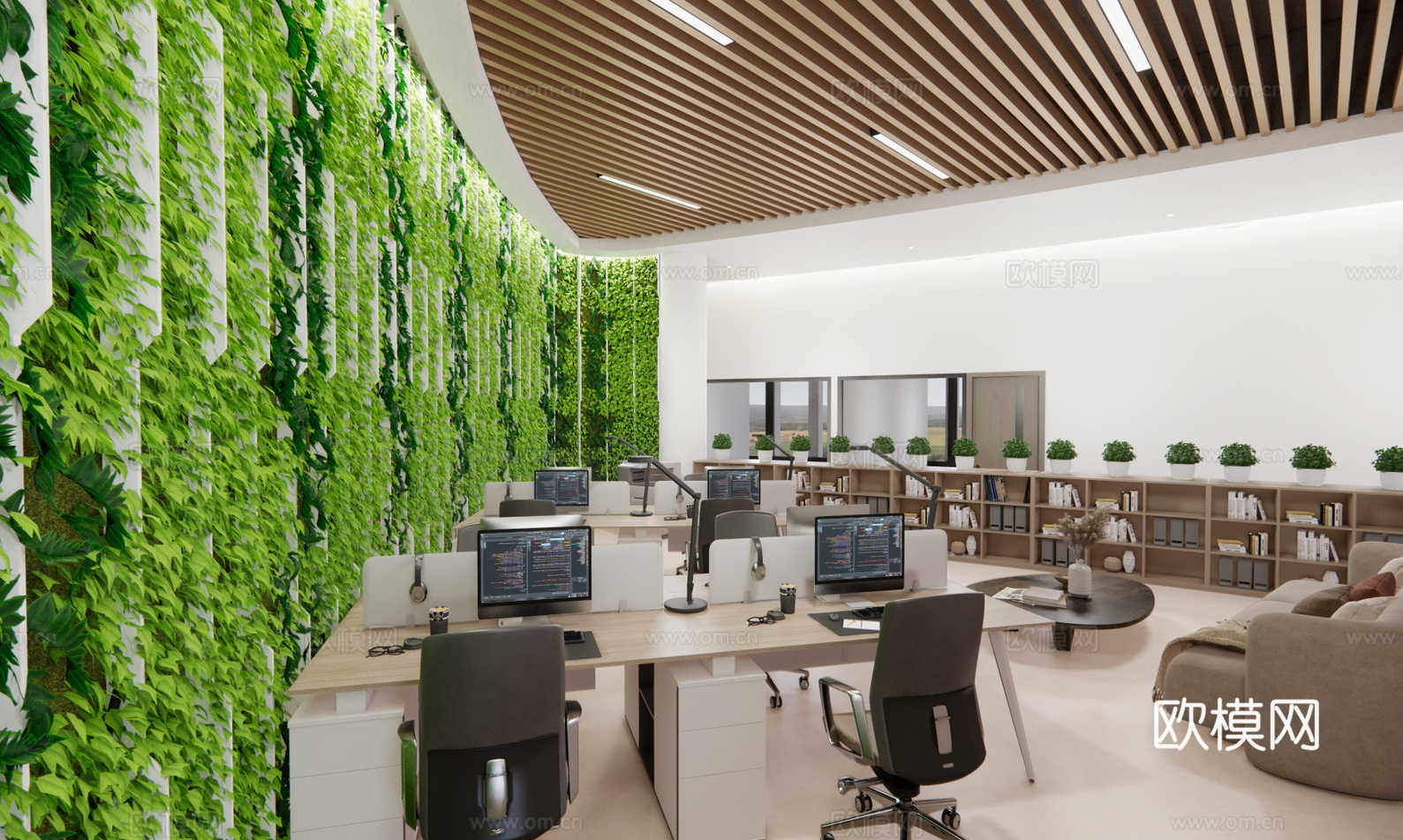 现代敞开式办公区su模型下载下载（渲染图1）