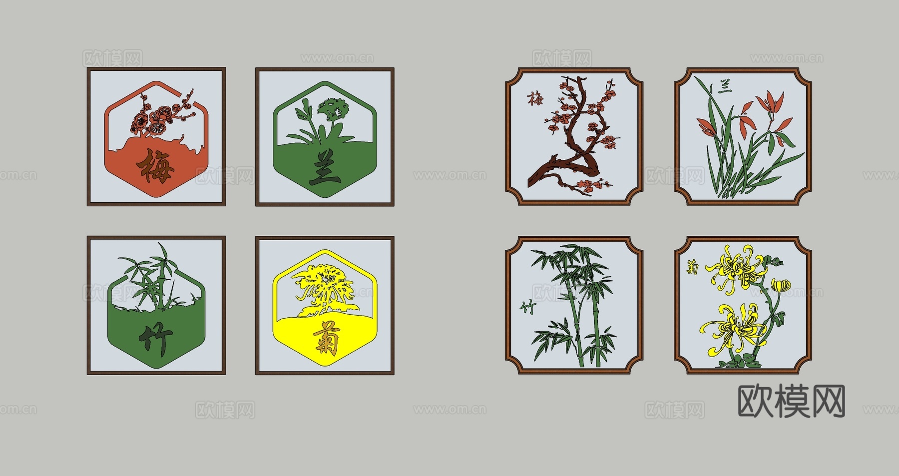 中式民俗文化挂画 四君子梅兰竹菊画 书画窗框剪影 壁画挂件su模型下载