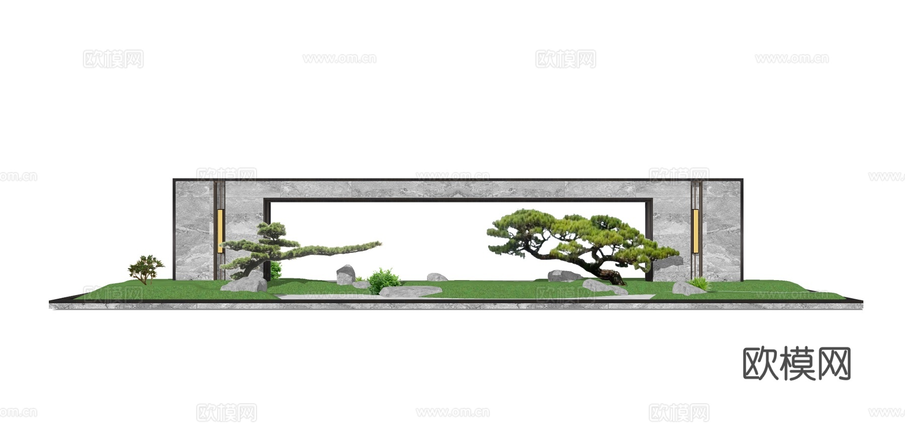 新中式松树景墙su模型下载