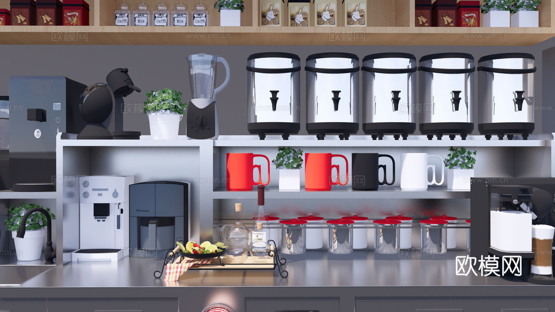 现代奶茶店 奶茶操作台 厨房器具工作台 水吧奶茶桶 饮料冷柜su模型下载