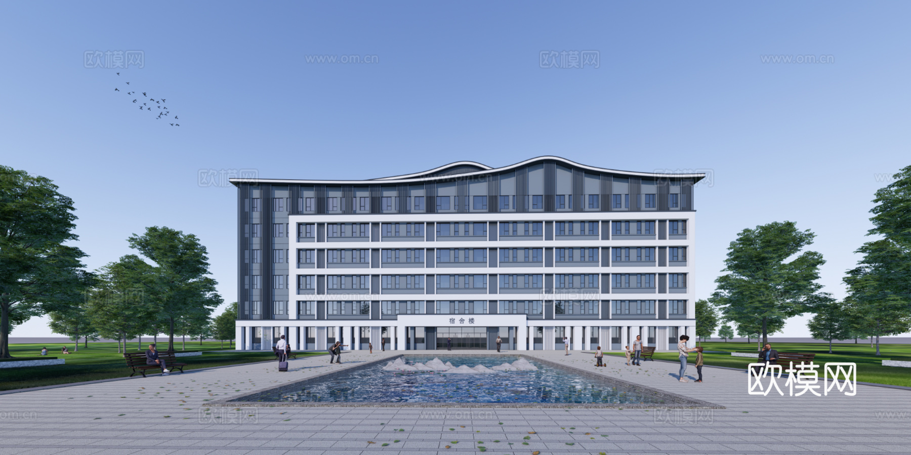 新中式宿舍楼建筑外观su模型下载
