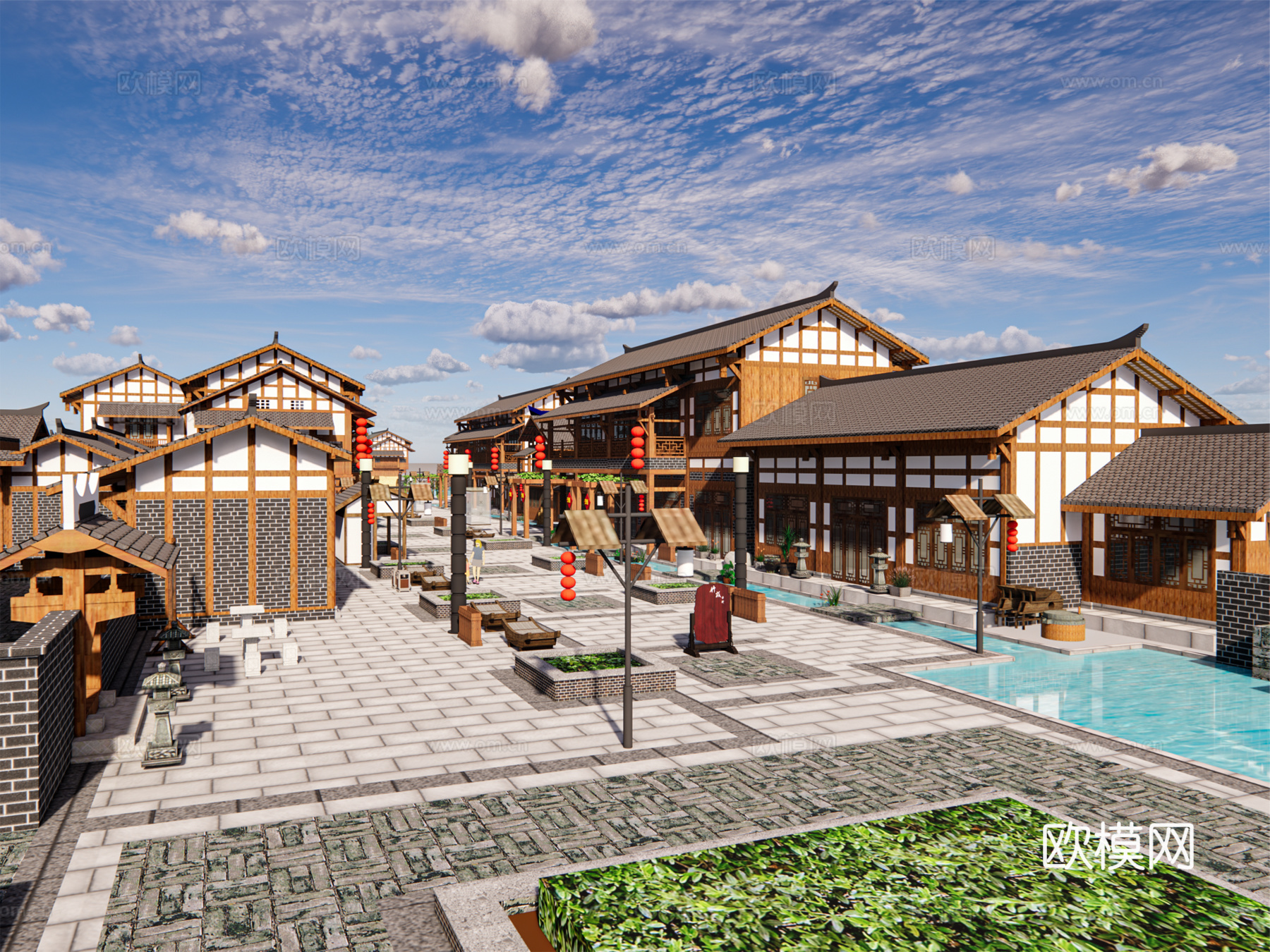 新中式古建商业街su模型下载
