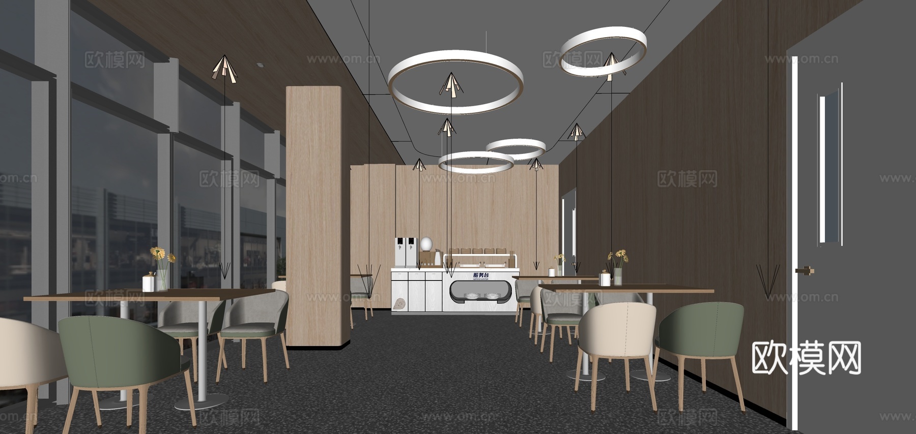 现代员工餐厅 员工食堂 餐桌椅su模型下载