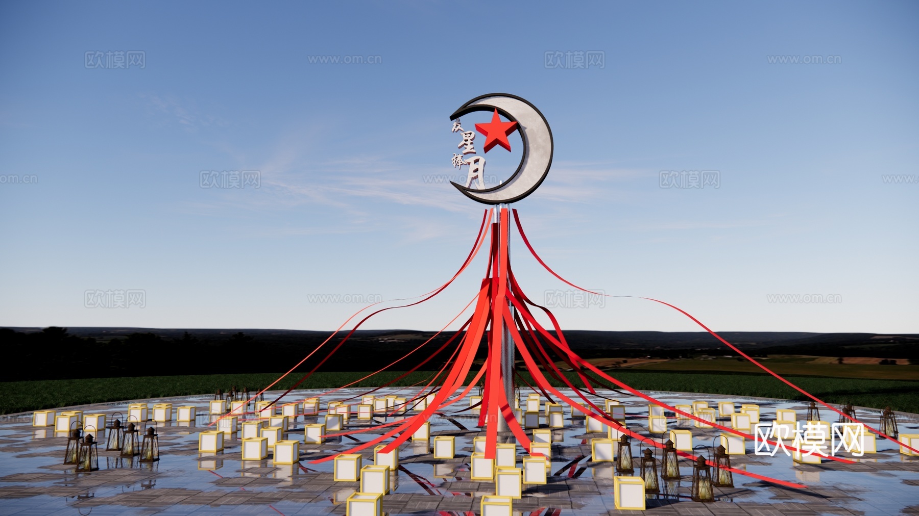 现代许愿广场景观 爱情精神堡垒 月亮主题雕塑 美陈广场雕塑 众星捧月su模型下载