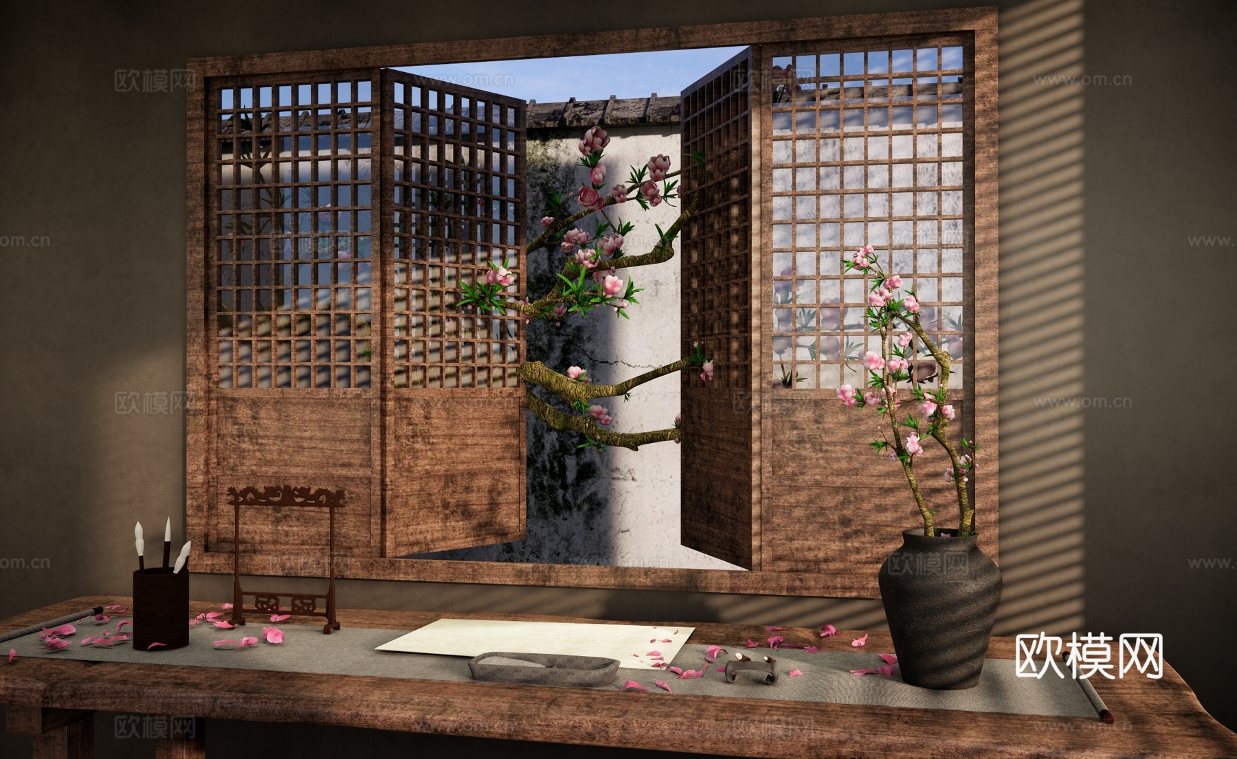 新中式书房画室 中式镂空木窗 中式园林窗景 桃花树桃花枝 室su模型