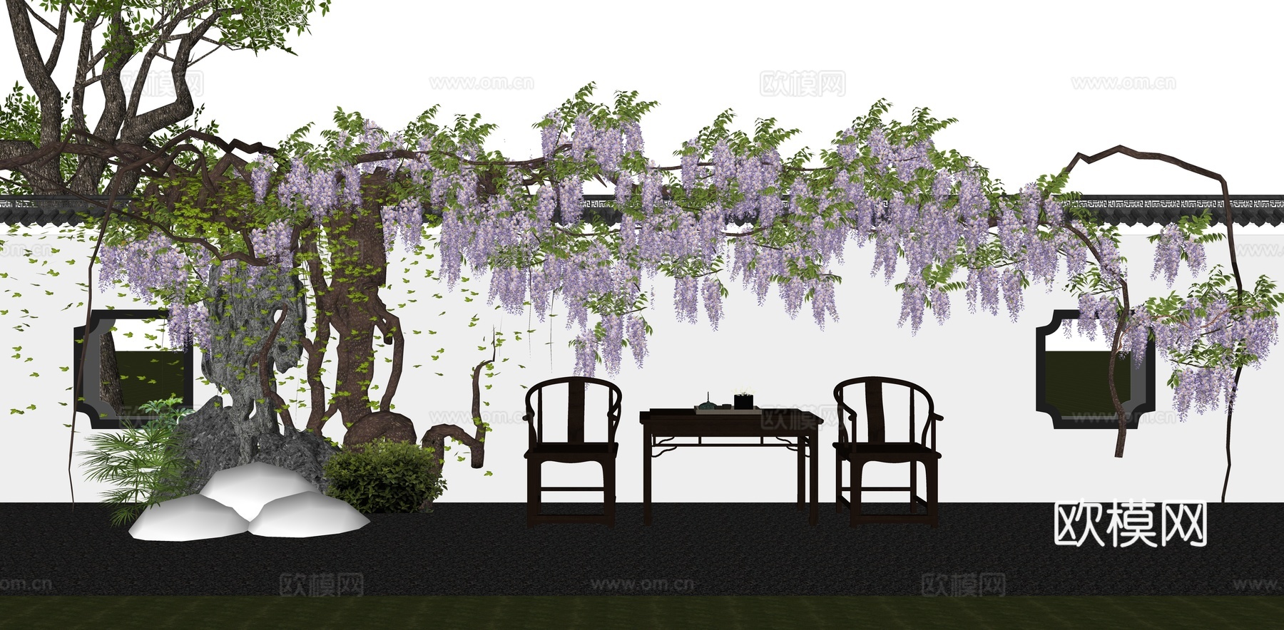 灌木 紫藤萝 藤蔓植物 假山小品 中式庭园小品 庭园绿植景墙su模型