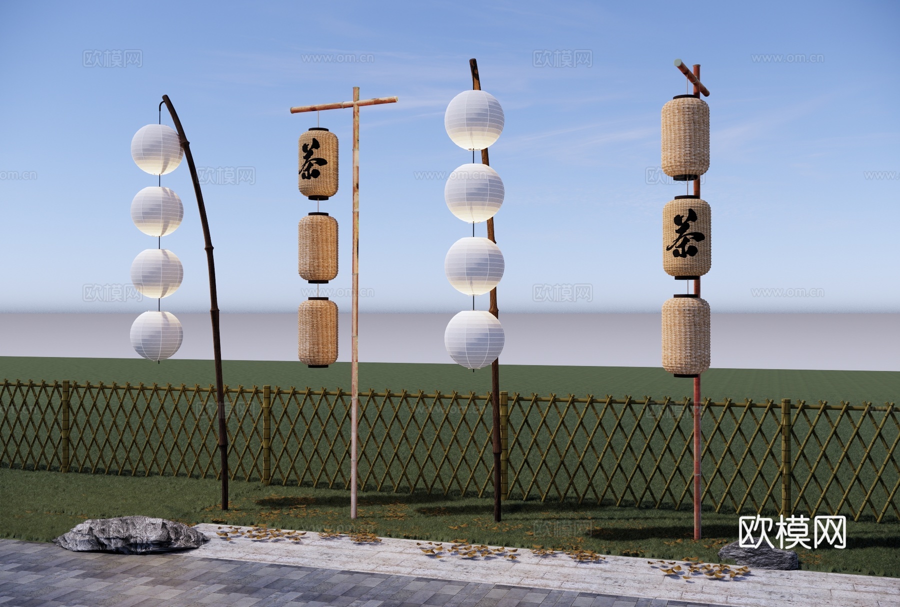 新中式高杆景观竹灯 乡村景观小品 竹灯笼 景观灯 庭院灯su模型下载（渲染图2）