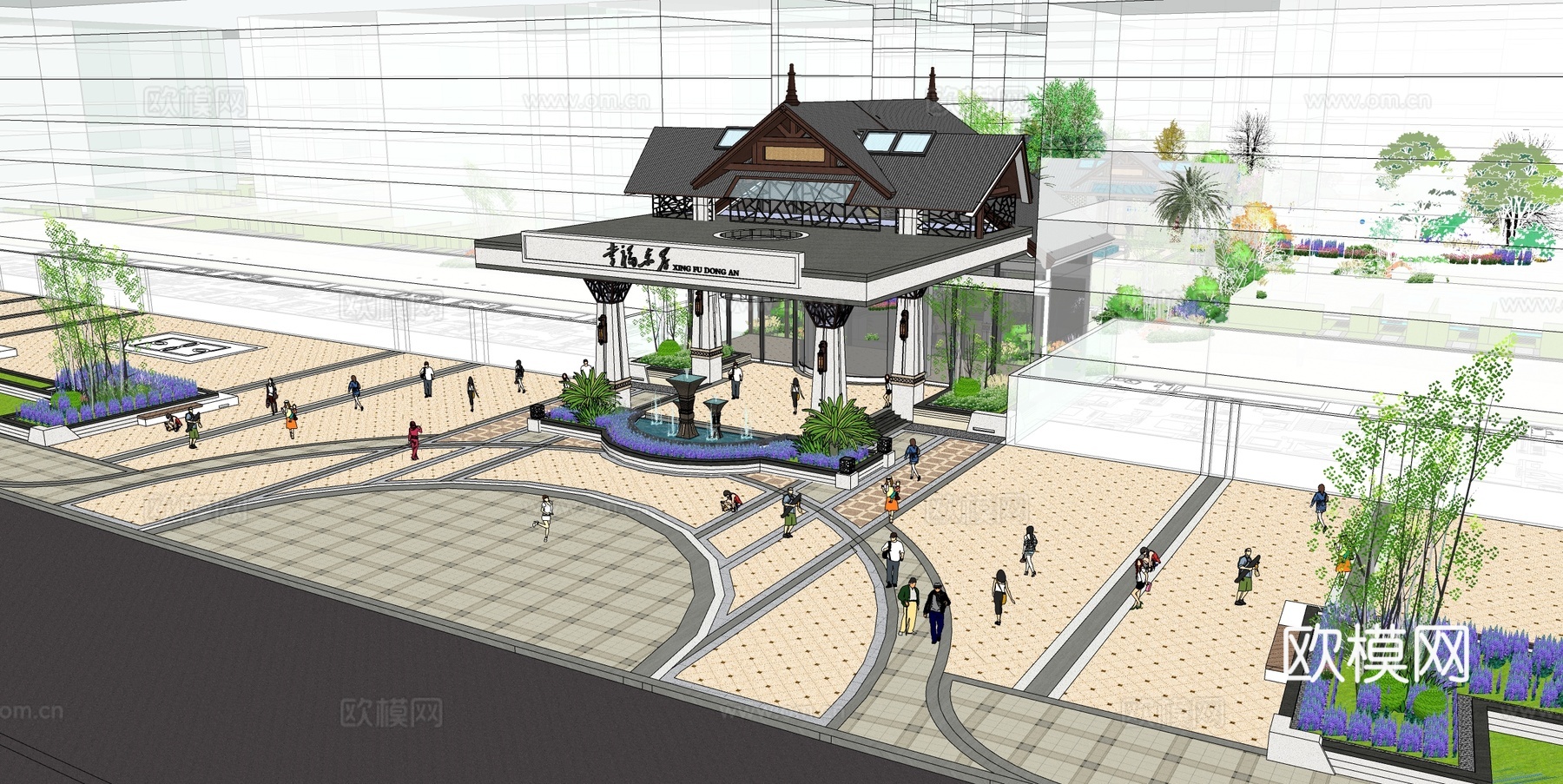 新中式公园景观su模型下载