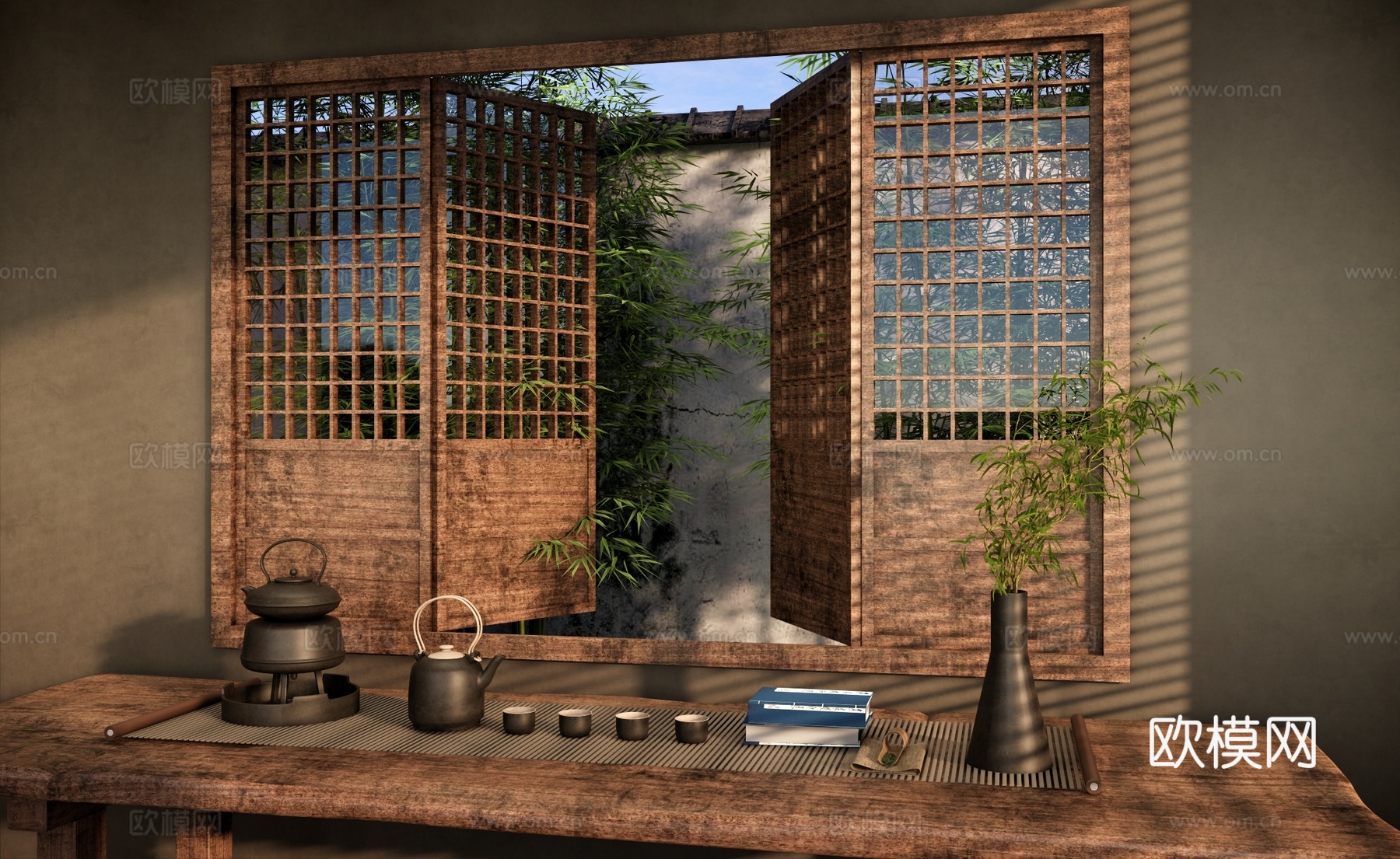 新中式茶室 中式镂空木窗 中式园林窗景 庭园竹林竹子 茶具茶su模型