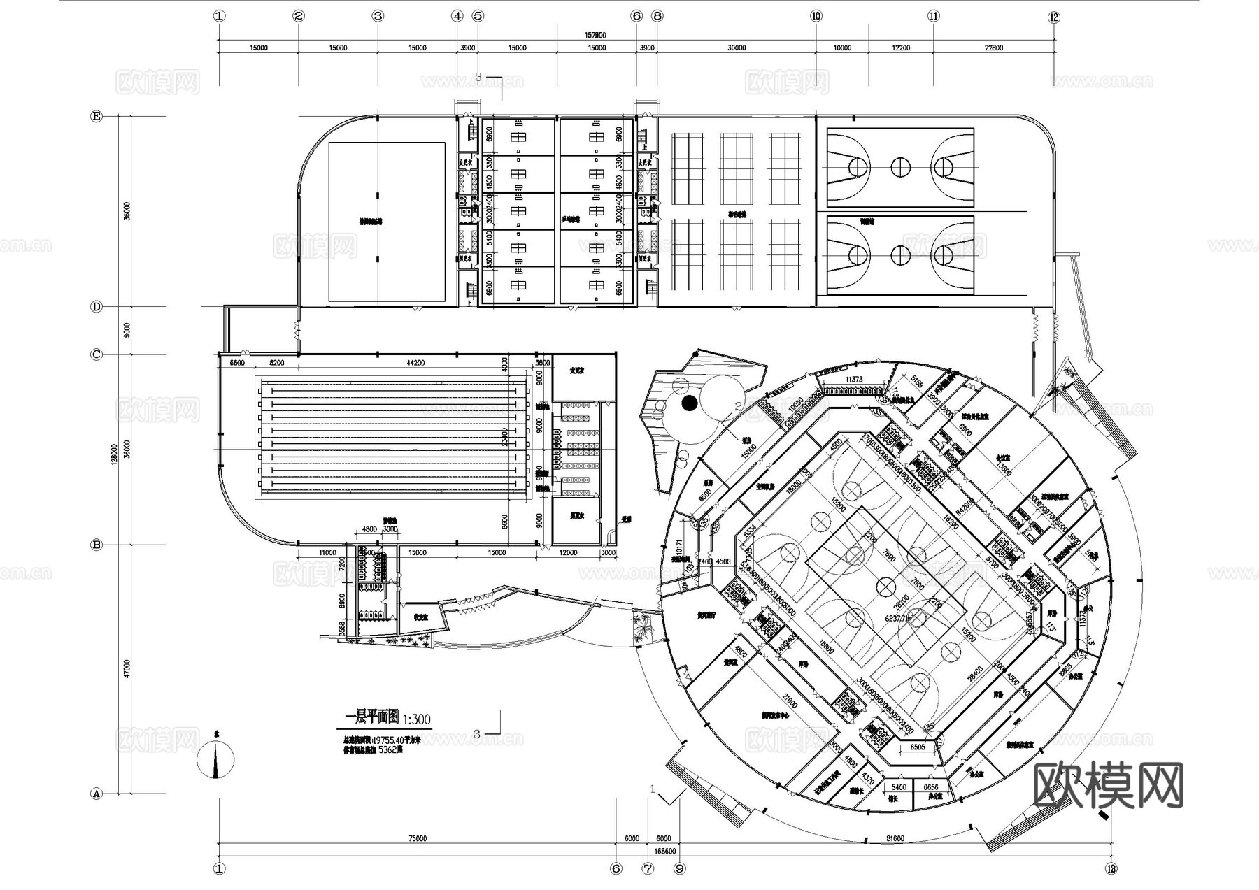 篮球场运动场馆平面方案cad施工图