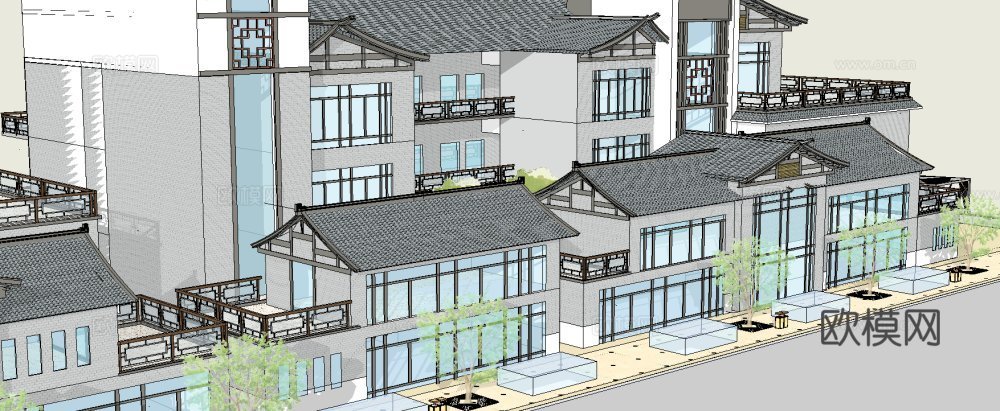 新中式沿街商业建筑su模型下载