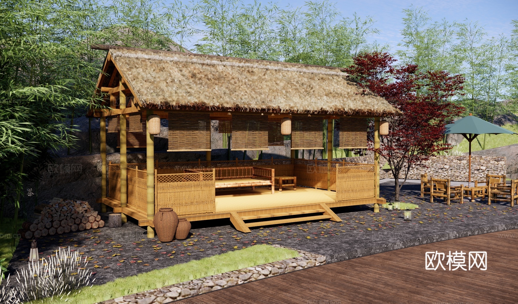 新中式乡村庭院 新中式竹林茅草屋 茅草竹屋 山间小屋 生态竹su模型