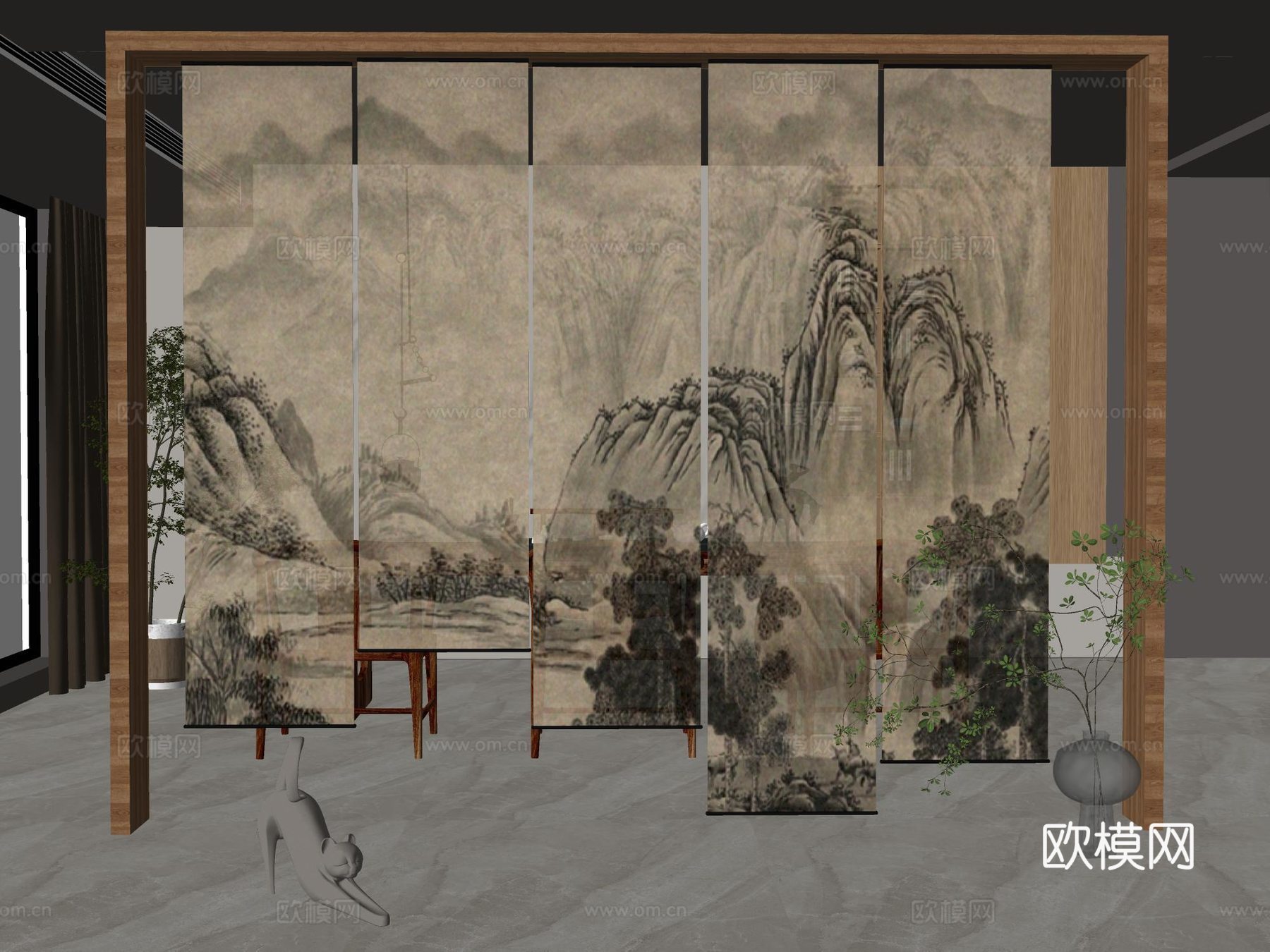 新中式山水帘 窗帘 席帘 卷帘 纱帘 水墨画条幅su模型下载