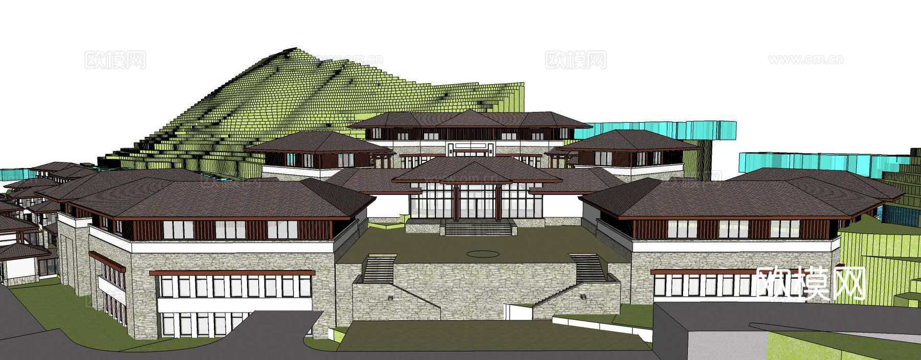 新中式度假山庄su模型下载