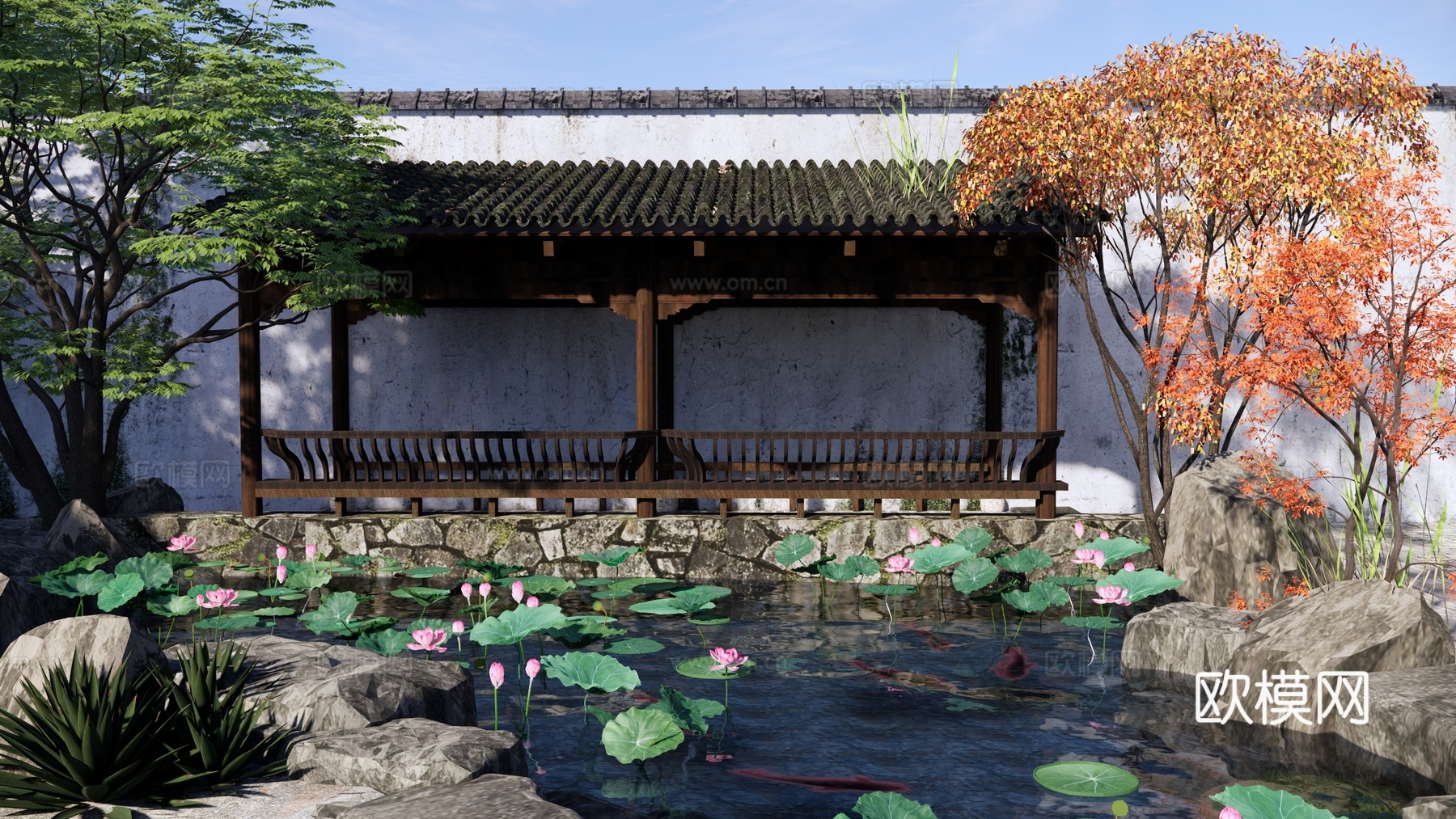 中式庭院花园 假山水景 荷花池 中式廊亭 游廊水院 水池廊架su模型