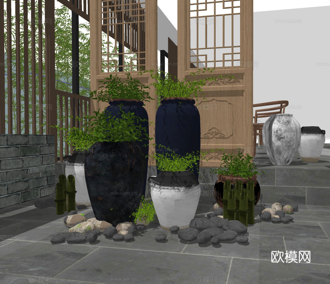 新中式绿植陶罐盆栽su模型下载 