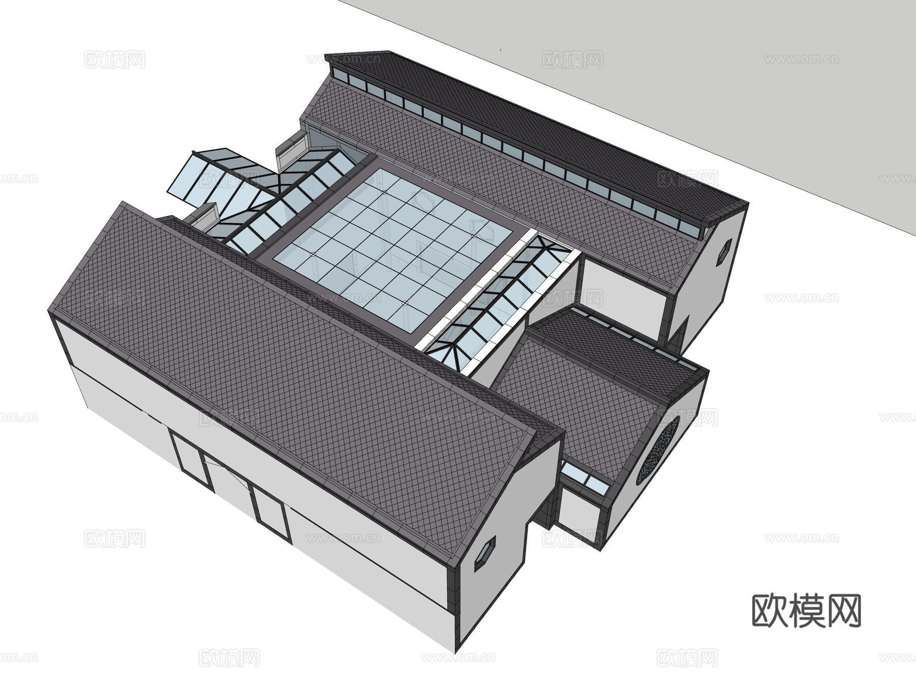新中式博物馆建筑外观su模型下载
