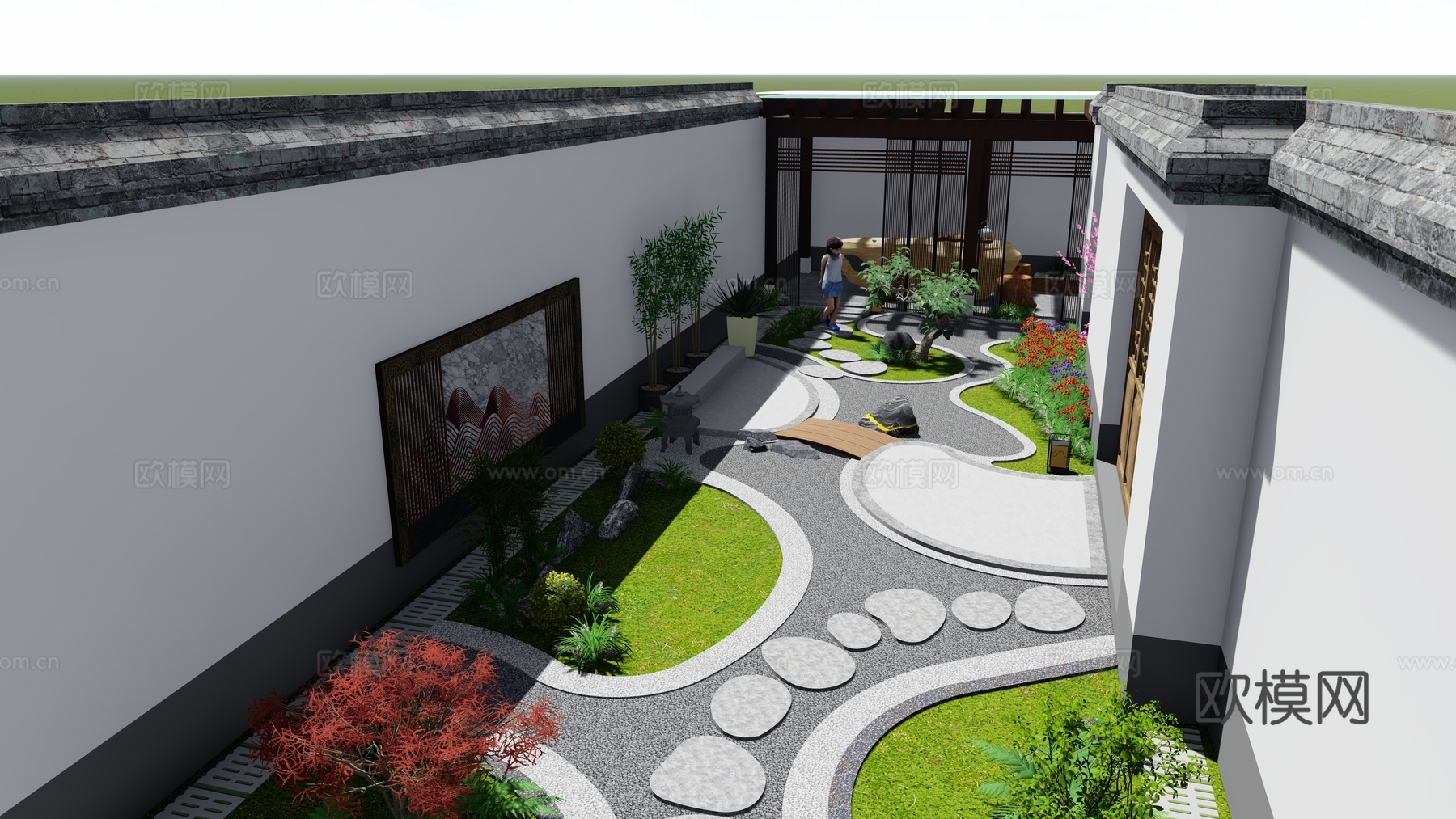 新中式庭院 花园su模型下载