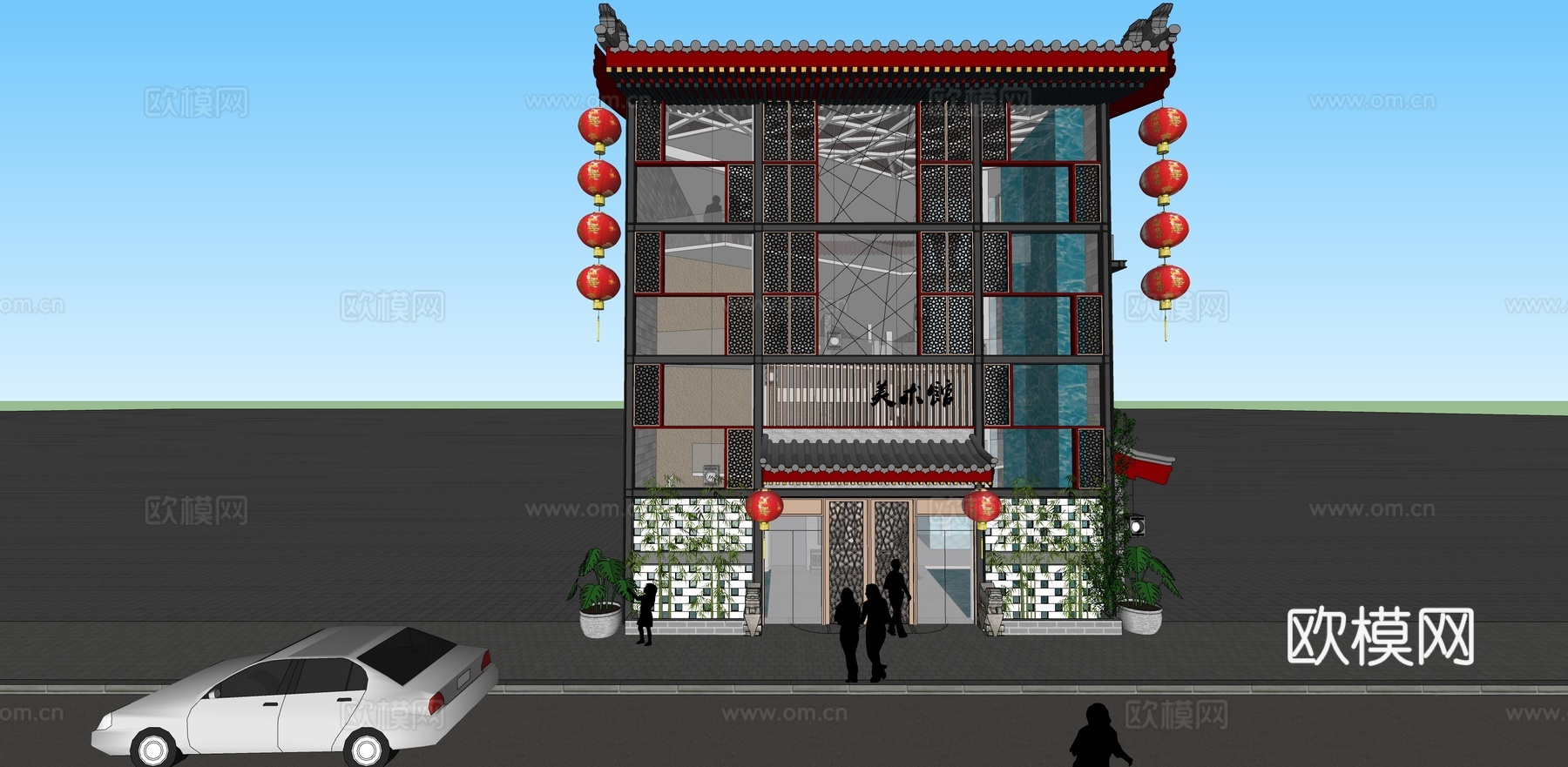 新中式美术馆建筑外观su模型下载