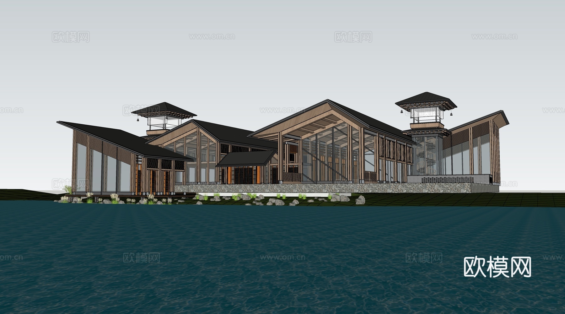 新中式民宿建筑 乡村民房 民宿酒店建筑 坡屋顶民宿su模型下载（渲染图3）
