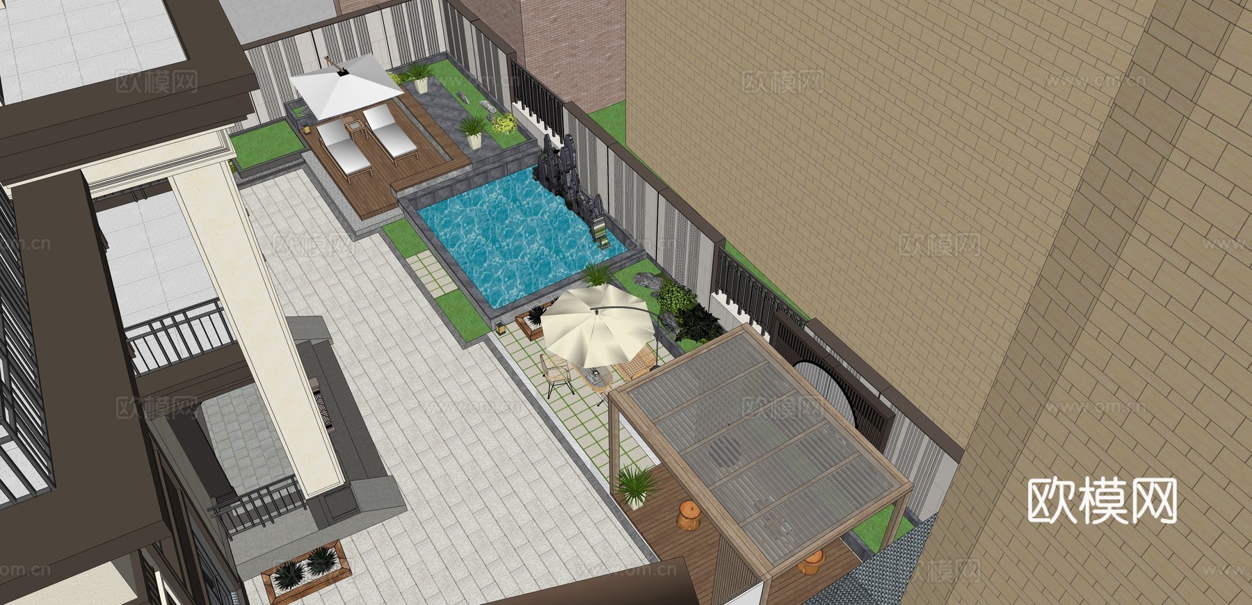 现代庭院 花园su模型下载