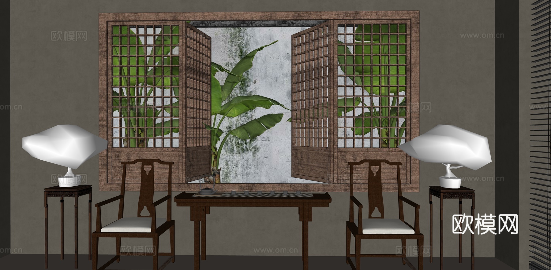 新中式茶室 中式镂空木窗 中式园林窗景 庭园竹林竹子 茶具茶su模型