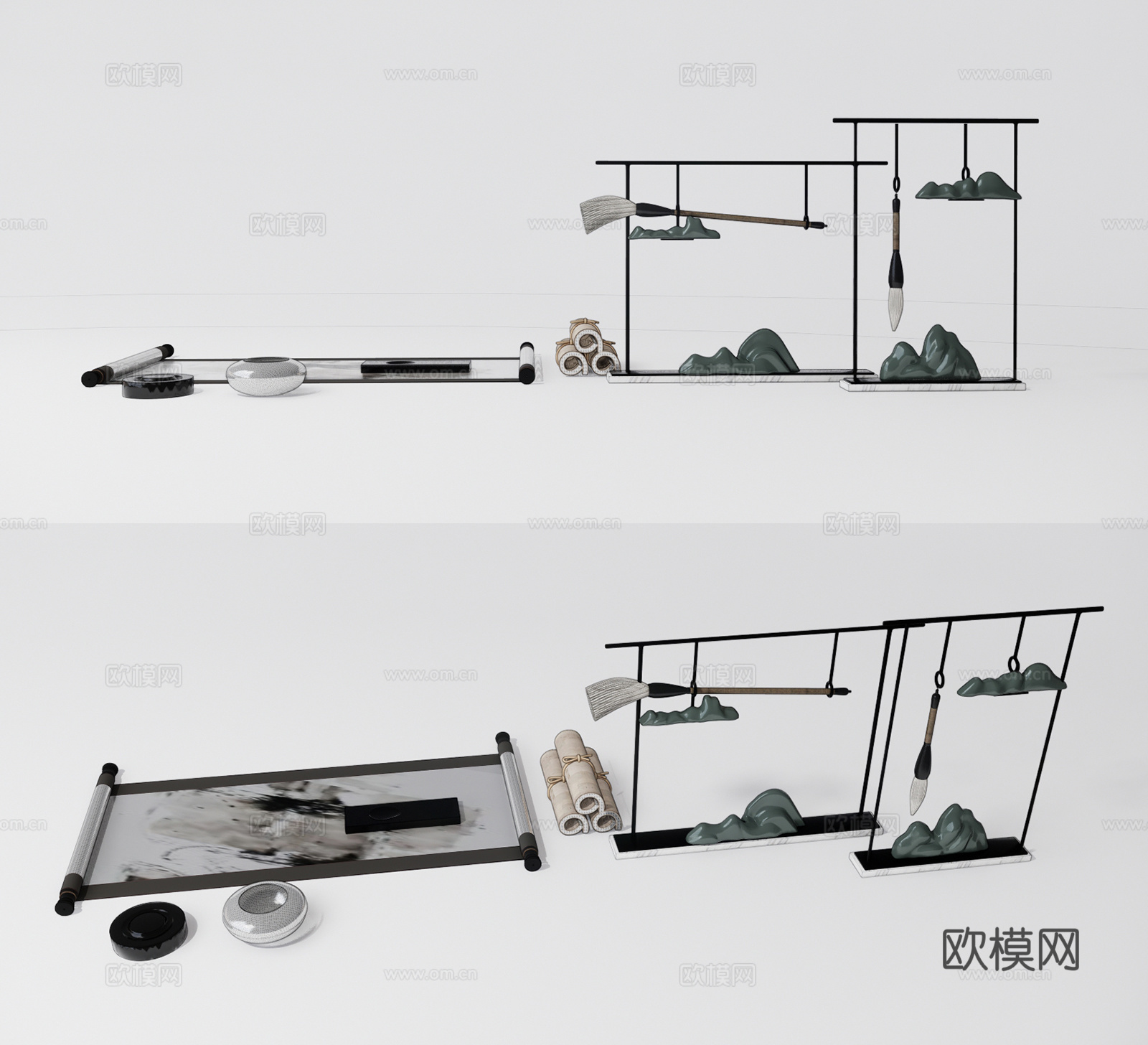 新中式字画笔架文具su模型下载