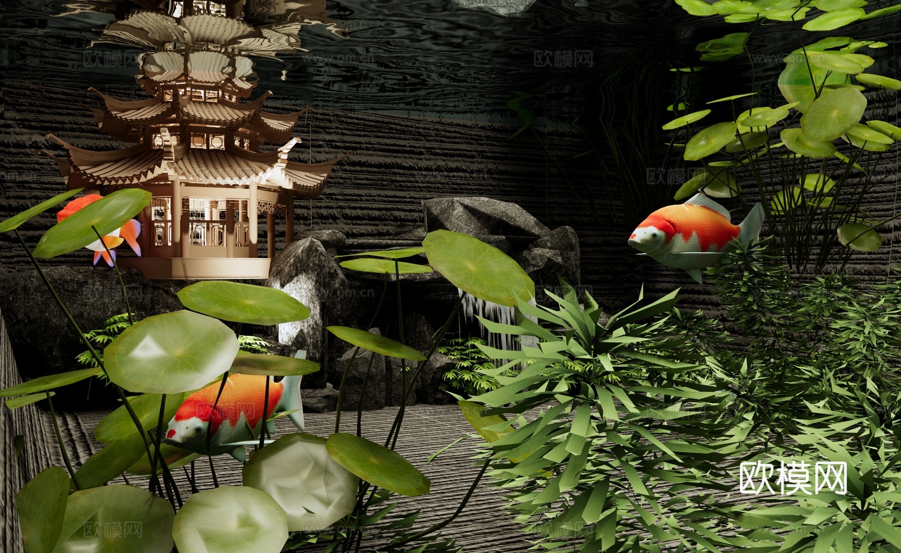 新中式鱼缸假山造景 摆件 水族箱 造景石 水草 观赏鱼缸 金su模型